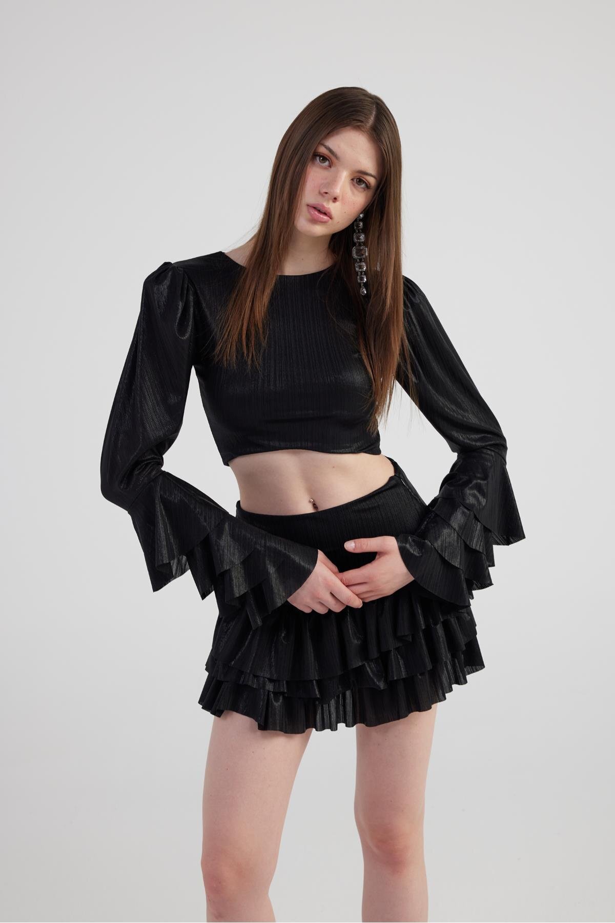 HOLLY LOLLY-Black Shiny Fabric - Ruffled Skirt and Blouse Yensia Set 3