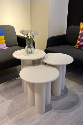 kuppdesign Linen Mantar Yan Sehpa 3'lü Set Krem