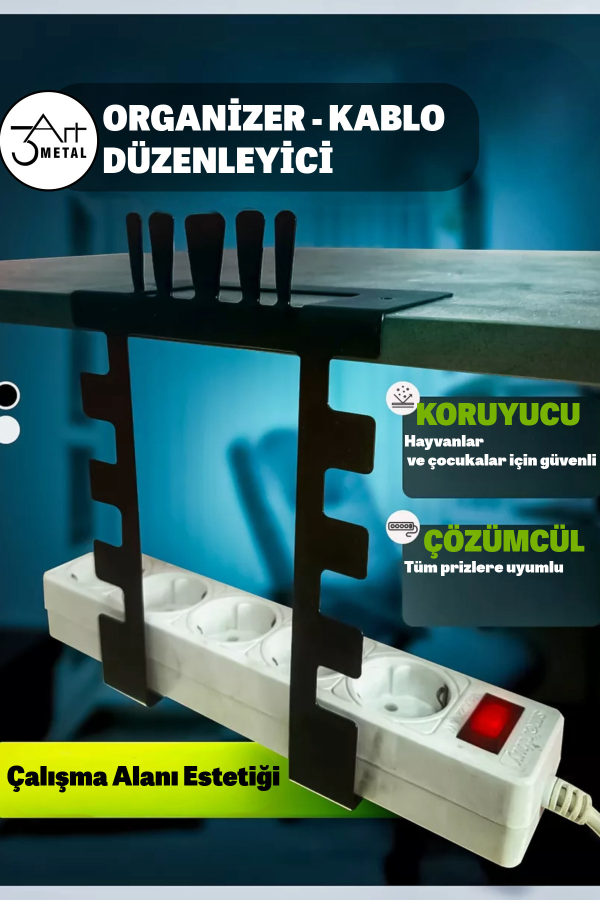 3art Metal Masa Altı Metal Kablo Düzenleyici & Organizer - Priz