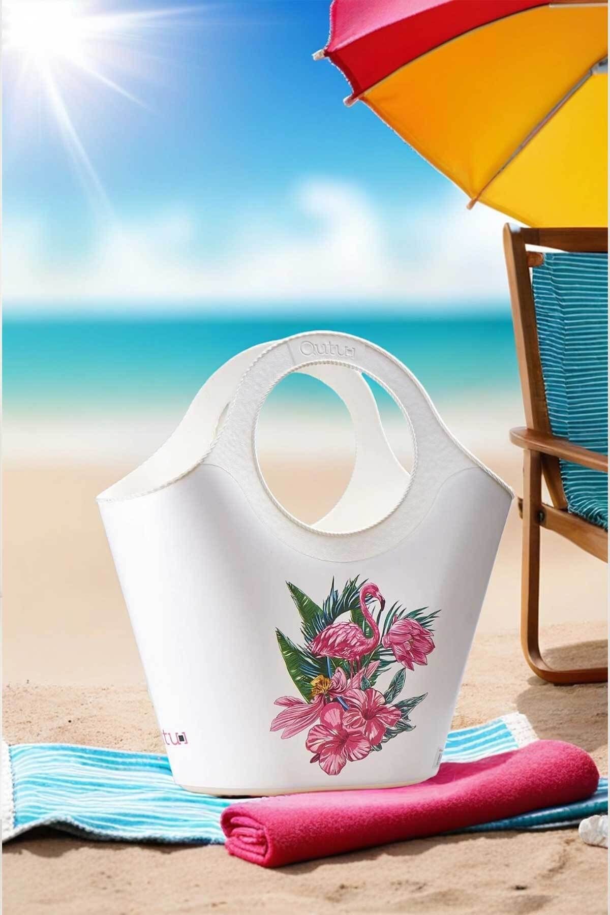 QUTU Bag Beach Pelikan desenli plastik plaj ve el çantası