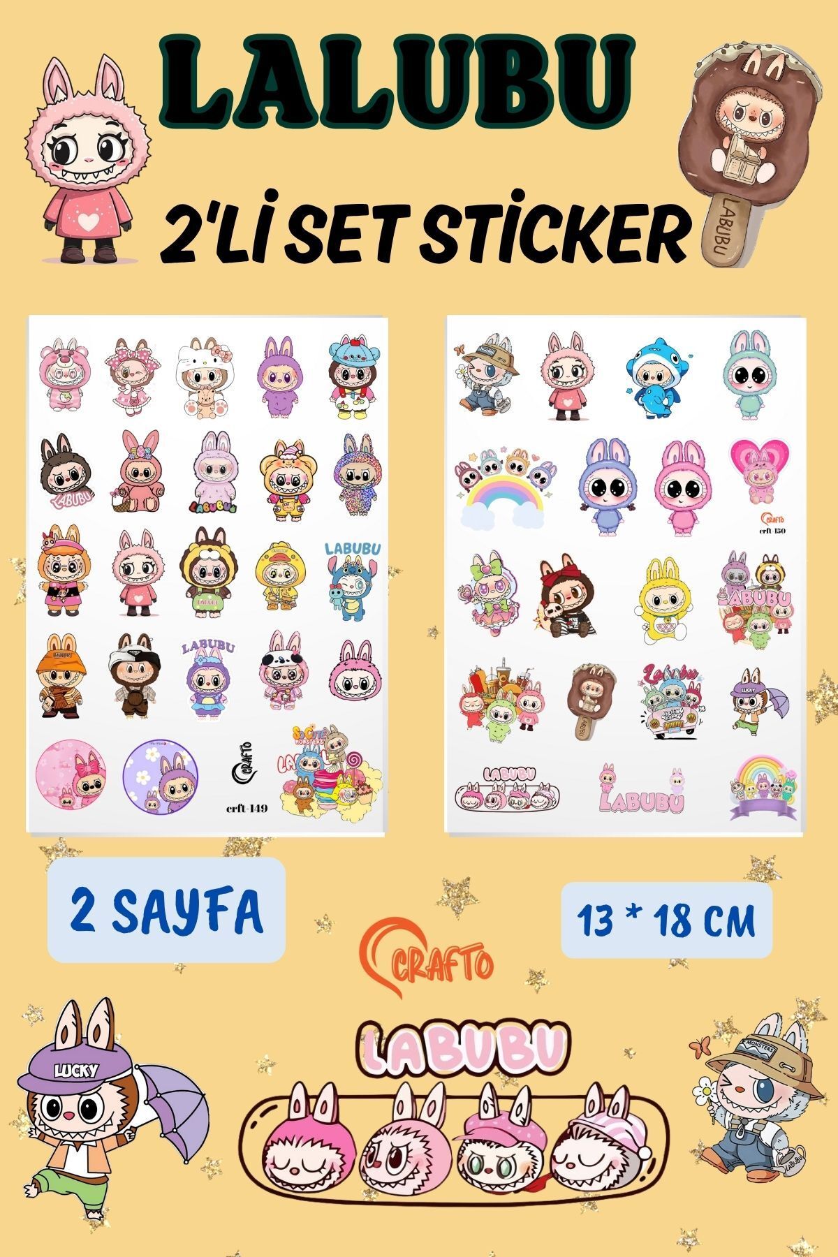 Crafto LALUBU TEMALI 2'Lİ STİCKER SET EĞLENCELİ RENKLİ KALİTELİ BASKI SCRAPBOOK,ETİKET,BULLET JOURNAL