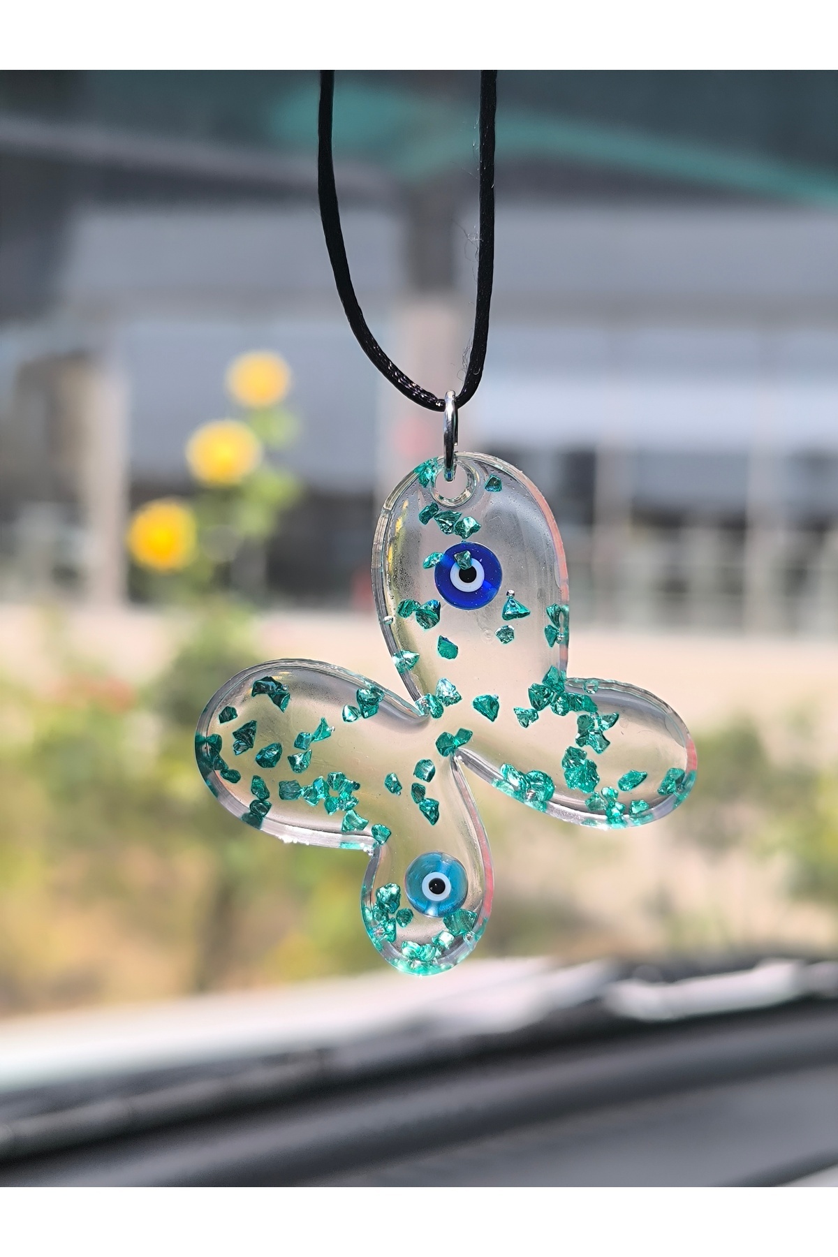 Esey Dizayn Çift Nazar Boncuğu Kelebek Araba Içi Dikiz Ayna Süsü Epoksi