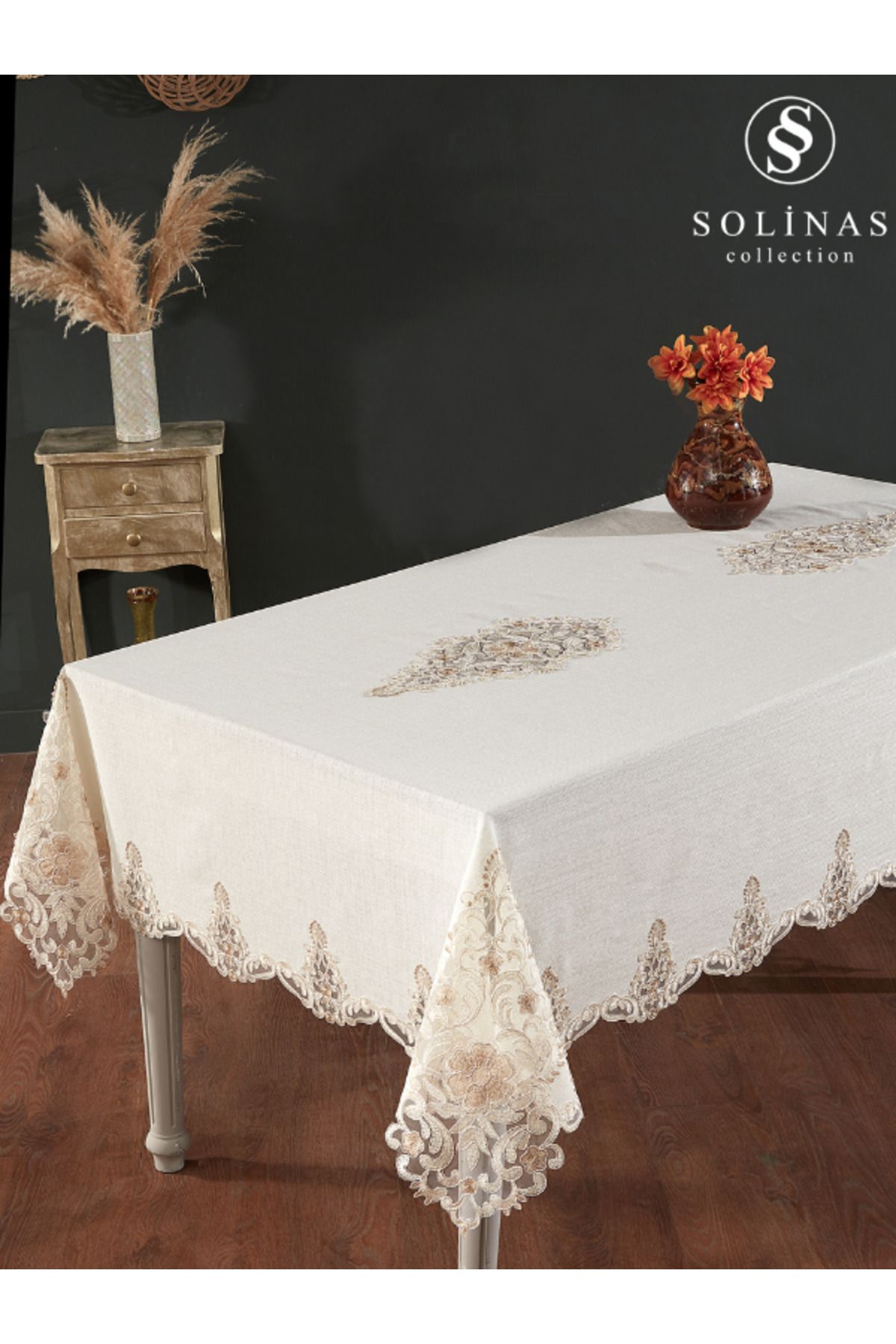 Solinas Collection Venora Krem Linen Kumaş Vizon Nakışlı Masa Örtüsü