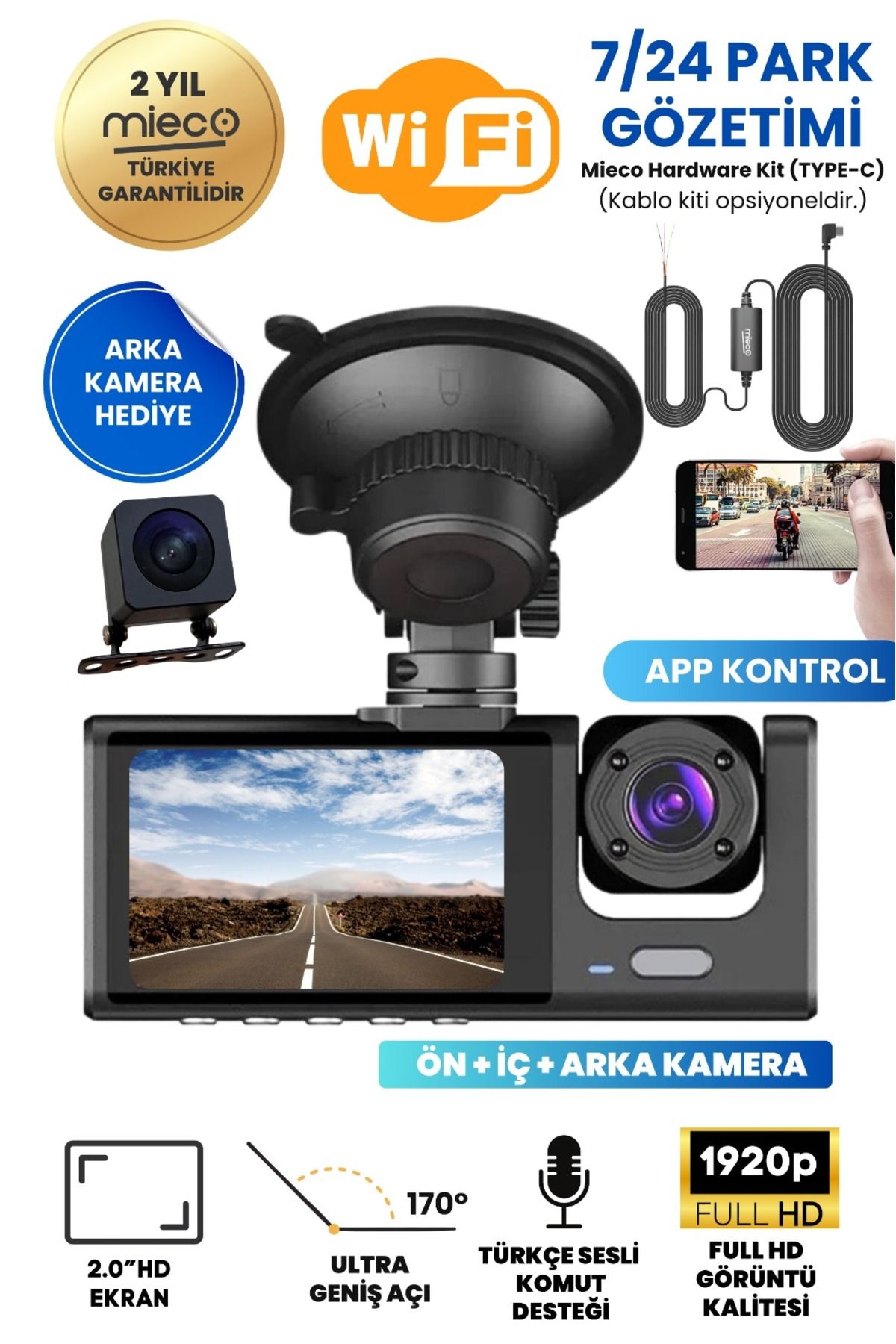 Mieco 1s Wifi/1920p Fhd/170° Ultra Geniş Açı/gece Görüşü Ve G-sensörü/ 3 Kameralı Araç Kamerası (2025)