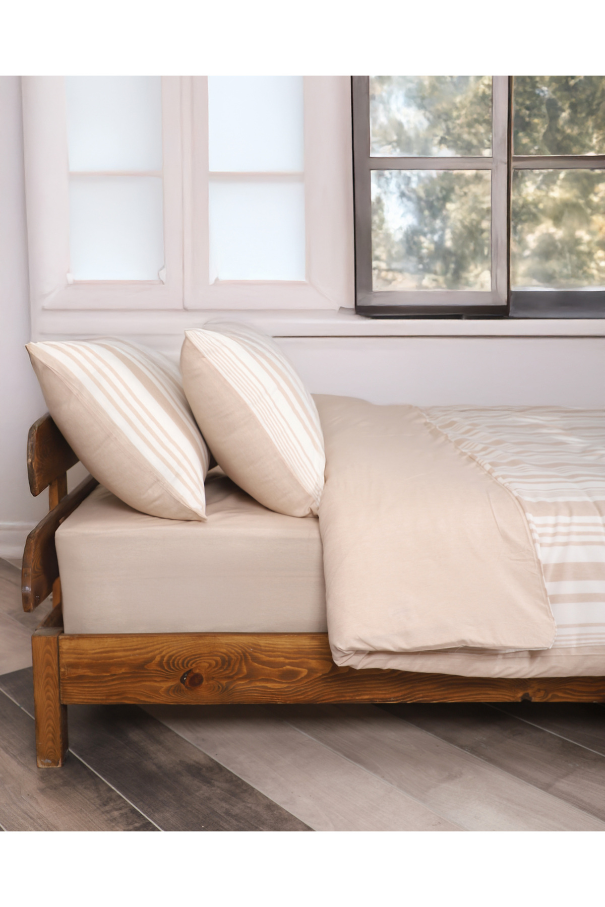 Genel Markalar Bohem Çizgili Desen Tek Kişilik Nevresim Takımı Iki Yönlü Kullanım Çarşafı Düz Cappuccino Rengi fotoğrafı 3 (önizleme)