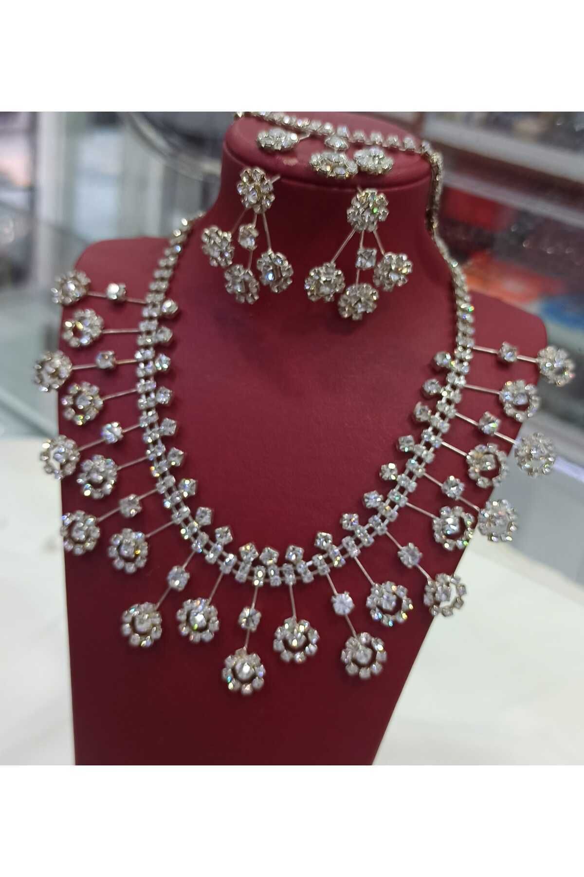 Simge Gümüş Bijuteri Kolye Bileklik Küpe Set Düğün Nişan Özel Günler için