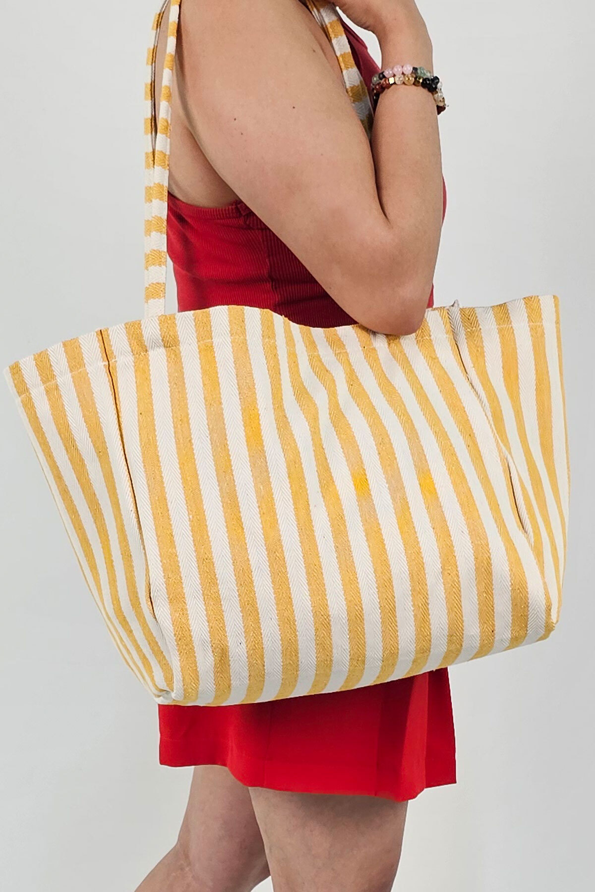 Woys Bags Sarı Çizgili Desen Dokuma Plaj Çantası görsel 7