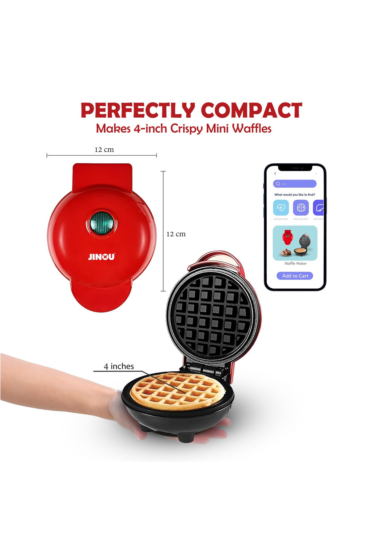 JINOU-4" Mini Waffle Maker - Premium Plastic & Non-Stick - Makes Pancakes, Brownies, & More 2