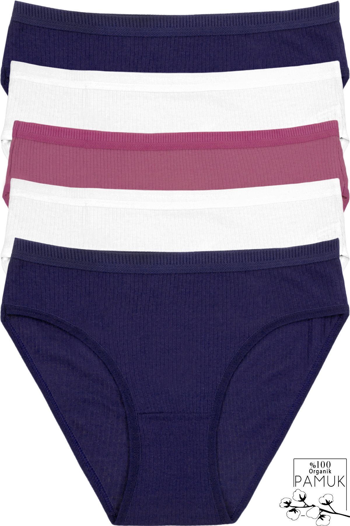 Humaone-5 db bordás derék bikini bugyi - 100% pamut, sötétkék, fehér, Dusty Rose Bk2-a4 5