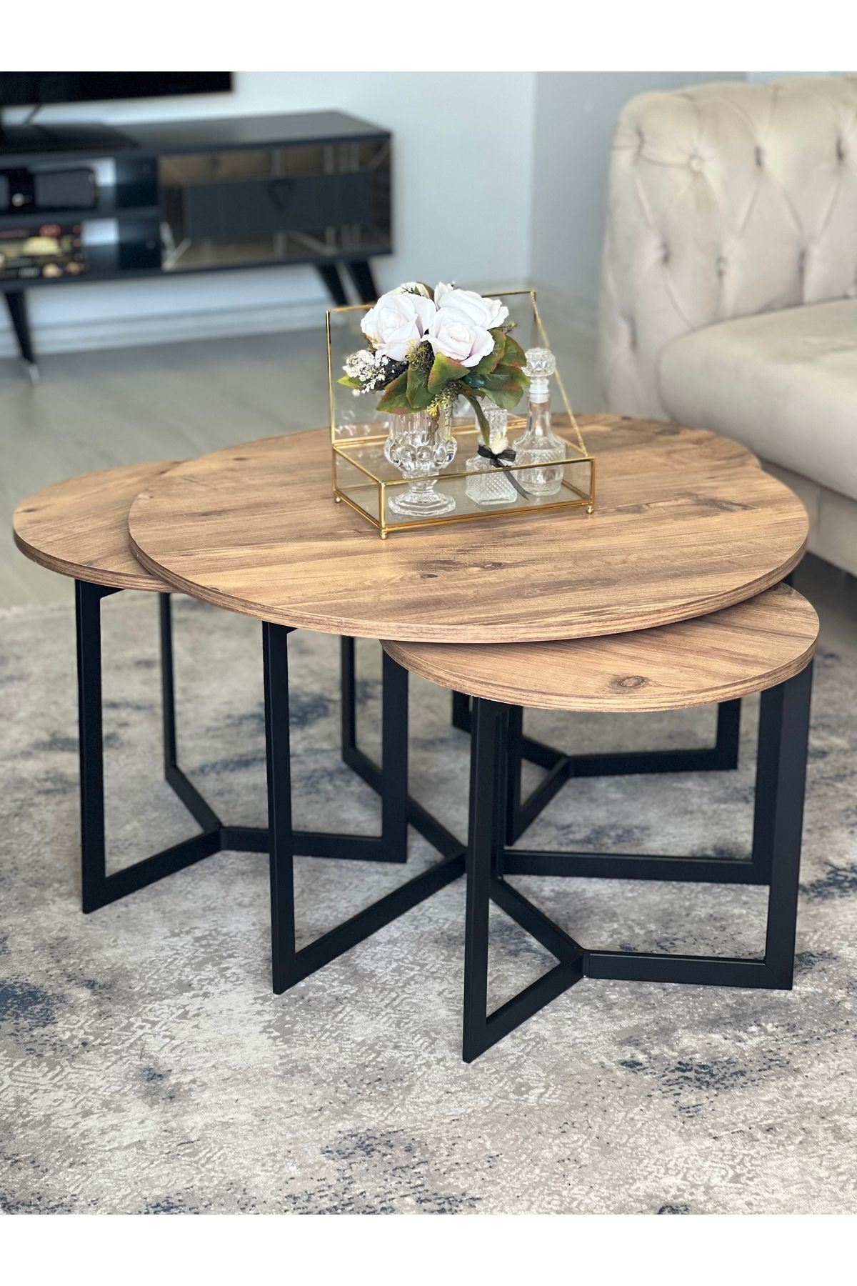 Asian Metal Coffee Table and Zigon Coffee Table Set Walnut