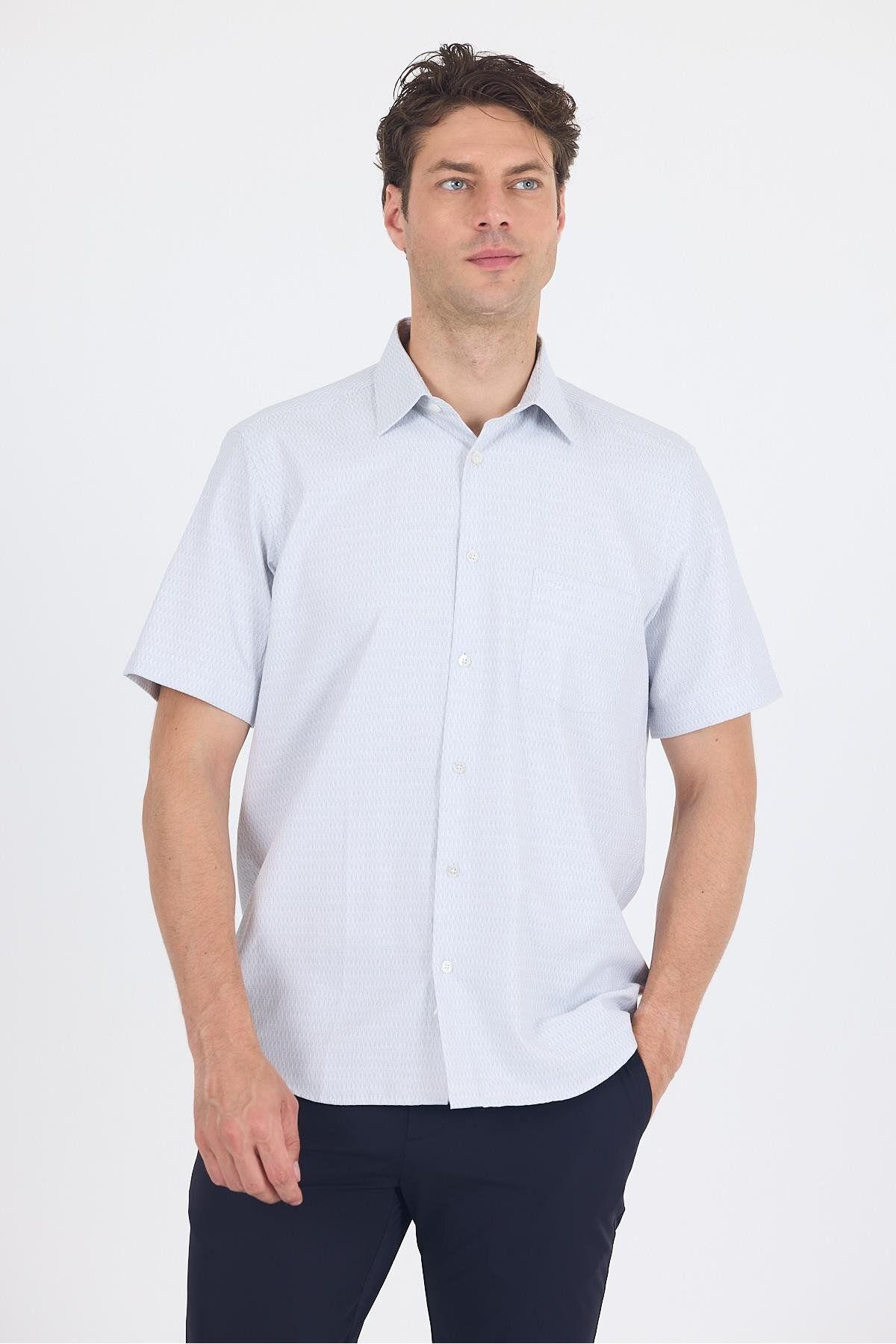 İmza Beyaz-gri Sert Yaka Kısa Kol Cepli Comfort Fit Cls Gömlek 1004250260