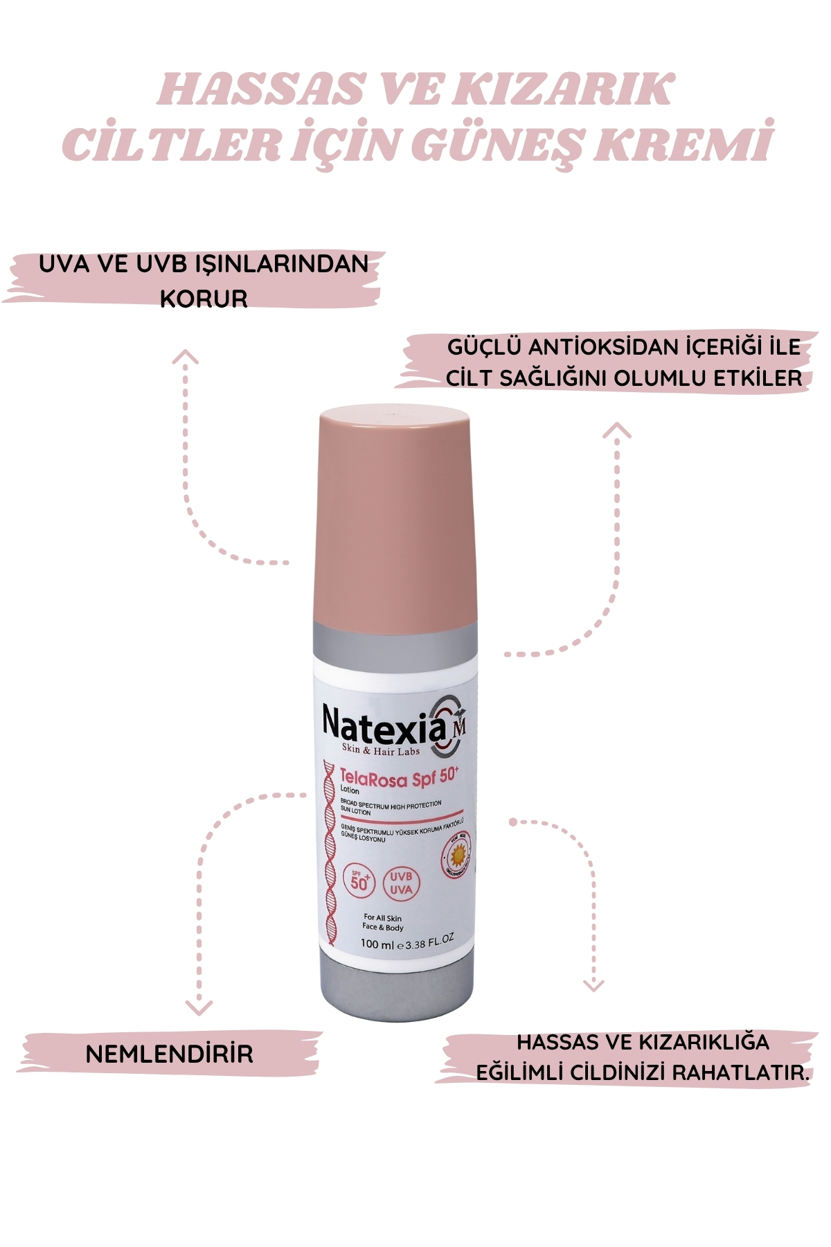 Hassas ve Kızarıklık Eğimli Ciltler için TelaRosa Güneş Koruyucu SPF50+ Losyon 100 ml — NATEX0004 — تصویر 3 از 6