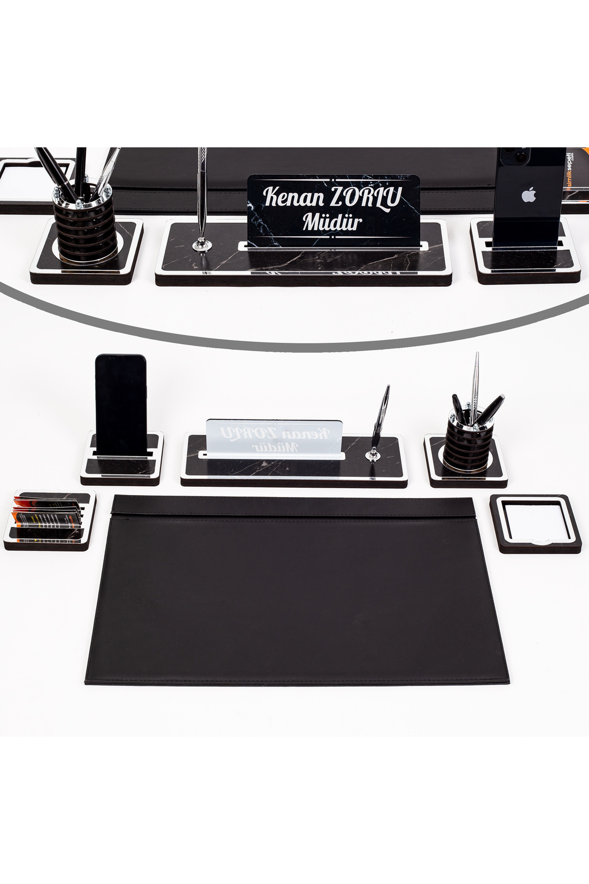isimliksepeti Mermer Desenli Ahşap Sümen Takımı Masa İsimlik Deri Sümen Seti Gümüş