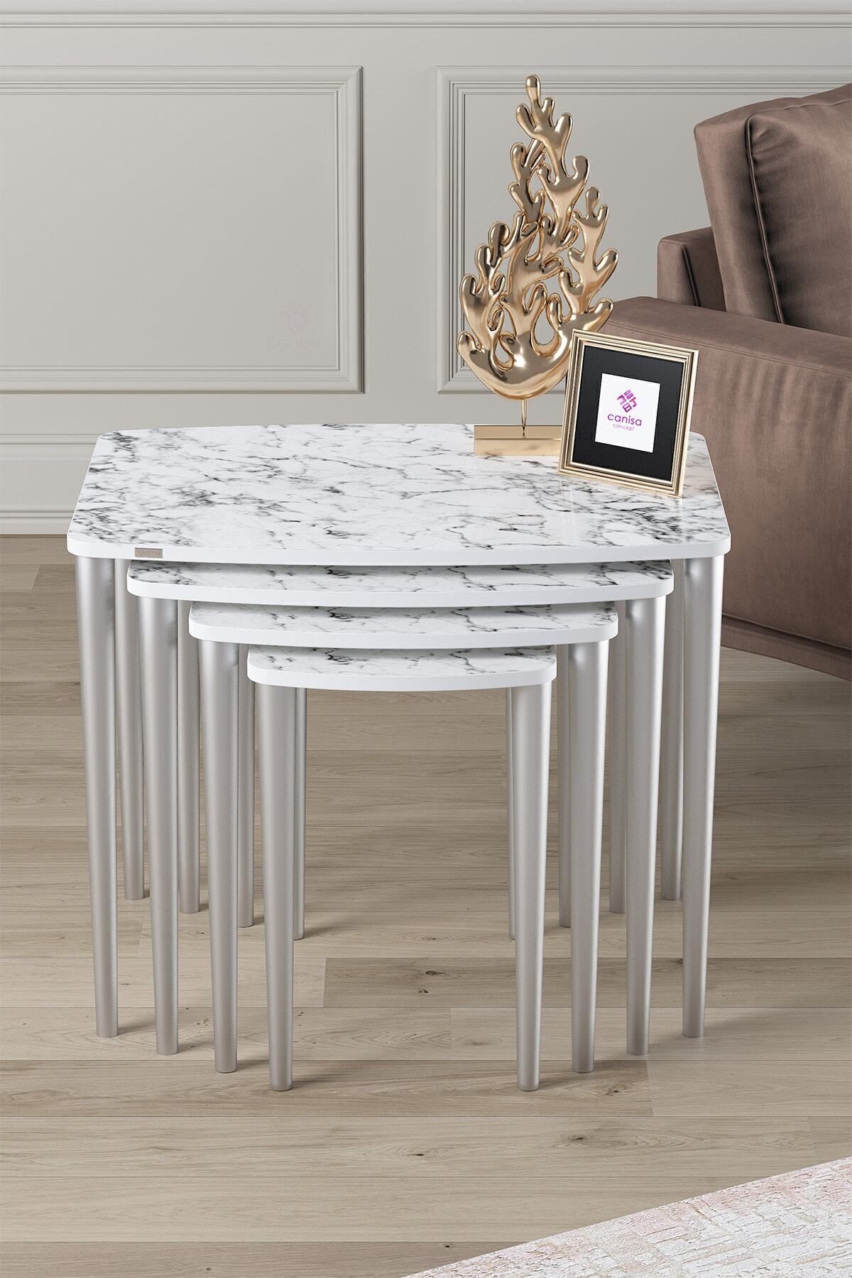 Telwe Series, White Marble Patterned Zigon Coffee Table Set 4-Piece Silver Leg