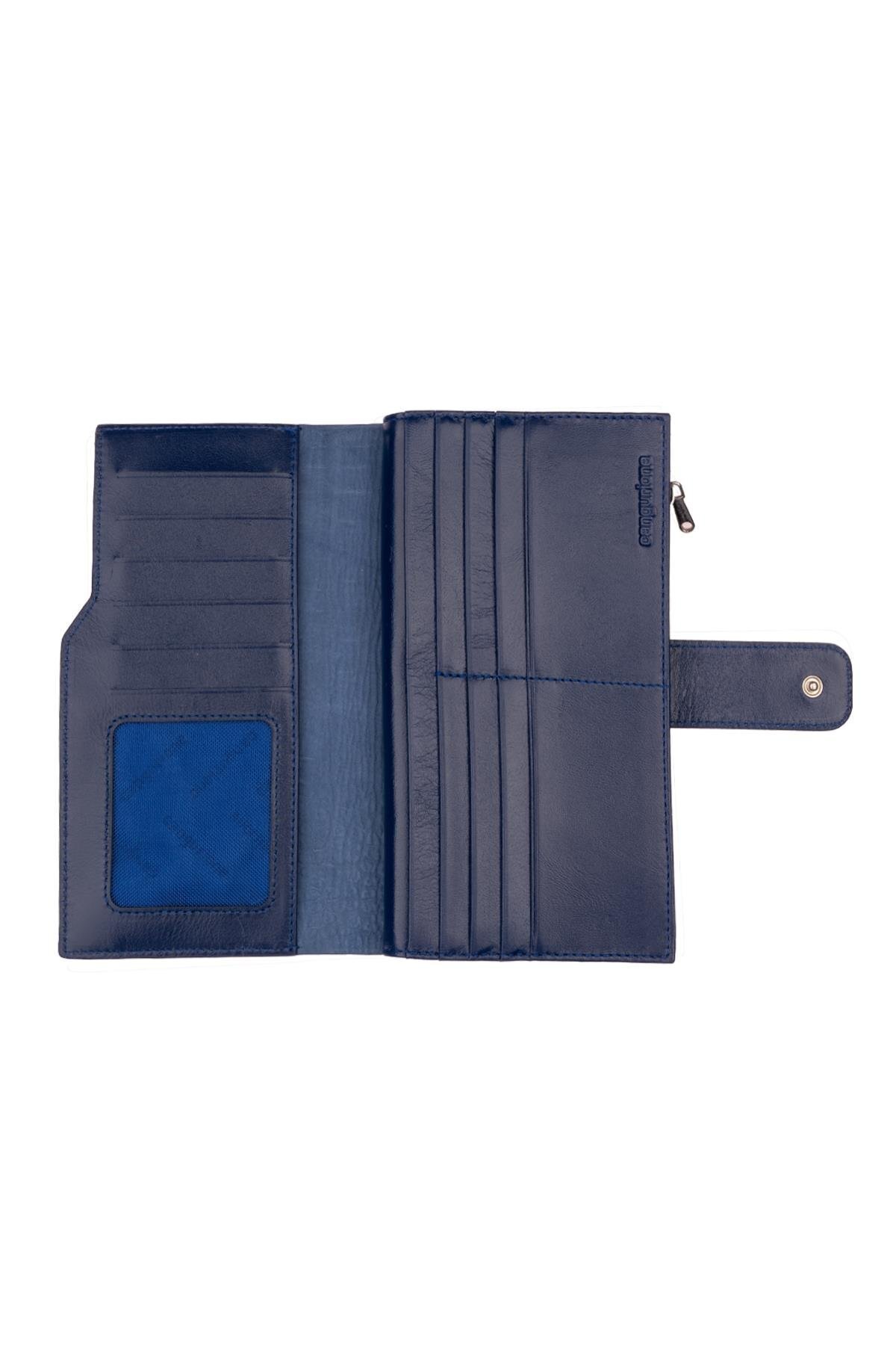 Deriderim-Blue Genuine Leather Crocodile Print Long Women's Wallet with Snap Closure, Card Holder Section, Zippered Compartment 5