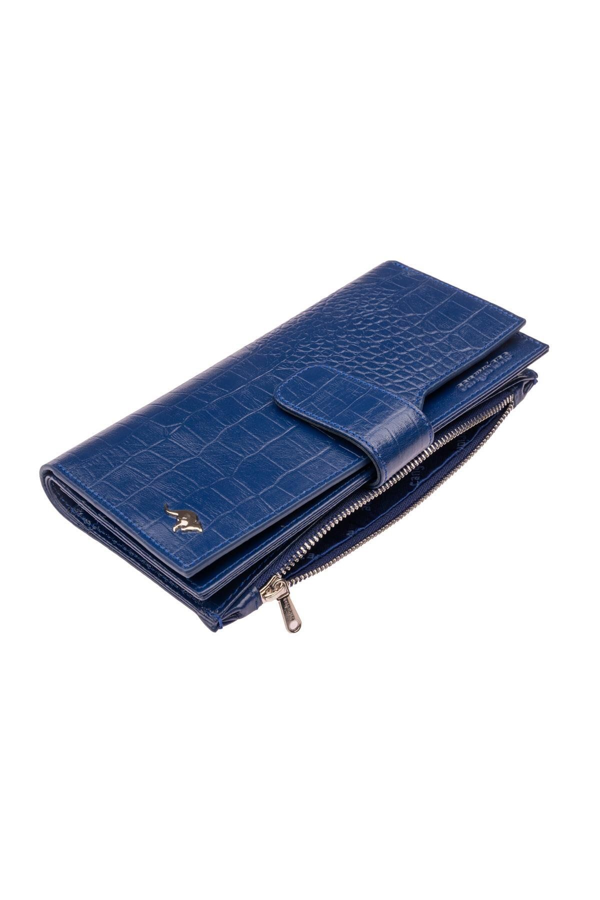 Deriderim-Blue Genuine Leather Crocodile Print Long Women's Wallet with Snap Closure, Card Holder Section, Zippered Compartment 2