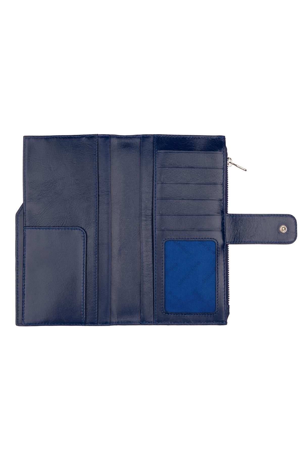 Deriderim-Blue Genuine Leather Crocodile Print Long Women's Wallet with Snap Closure, Card Holder Section, Zippered Compartment 4