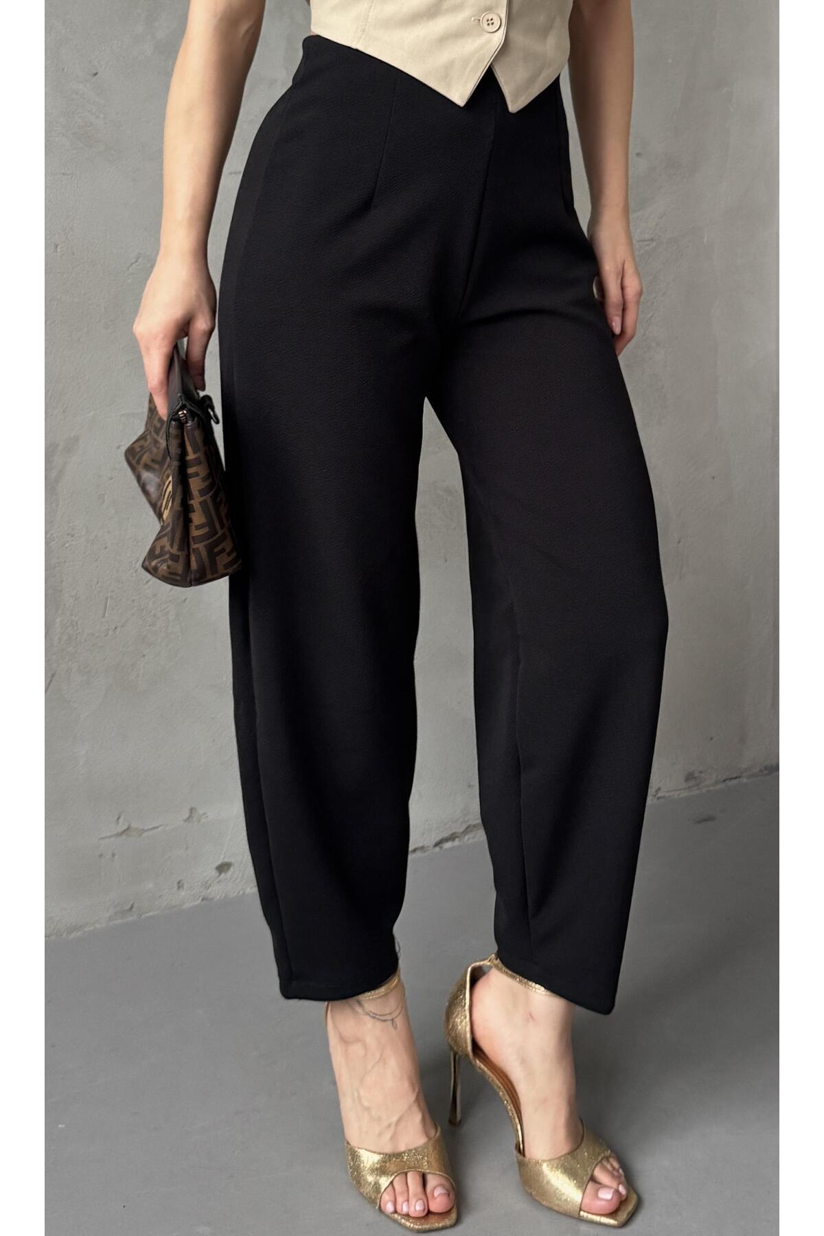 Paw Garage  Kadın Bernis Siyah Balon Pantolon, Beli Lastikli Şalvar Model Krep Balon Pantolon Basen Gizleyen - Görsel 8