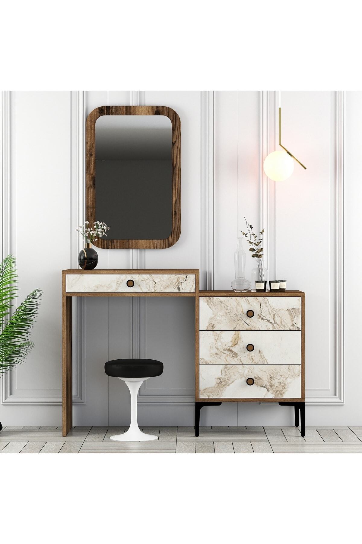 Variant Lisbon Makeup Tale Mirrored Dresser - Walnut / White Marble