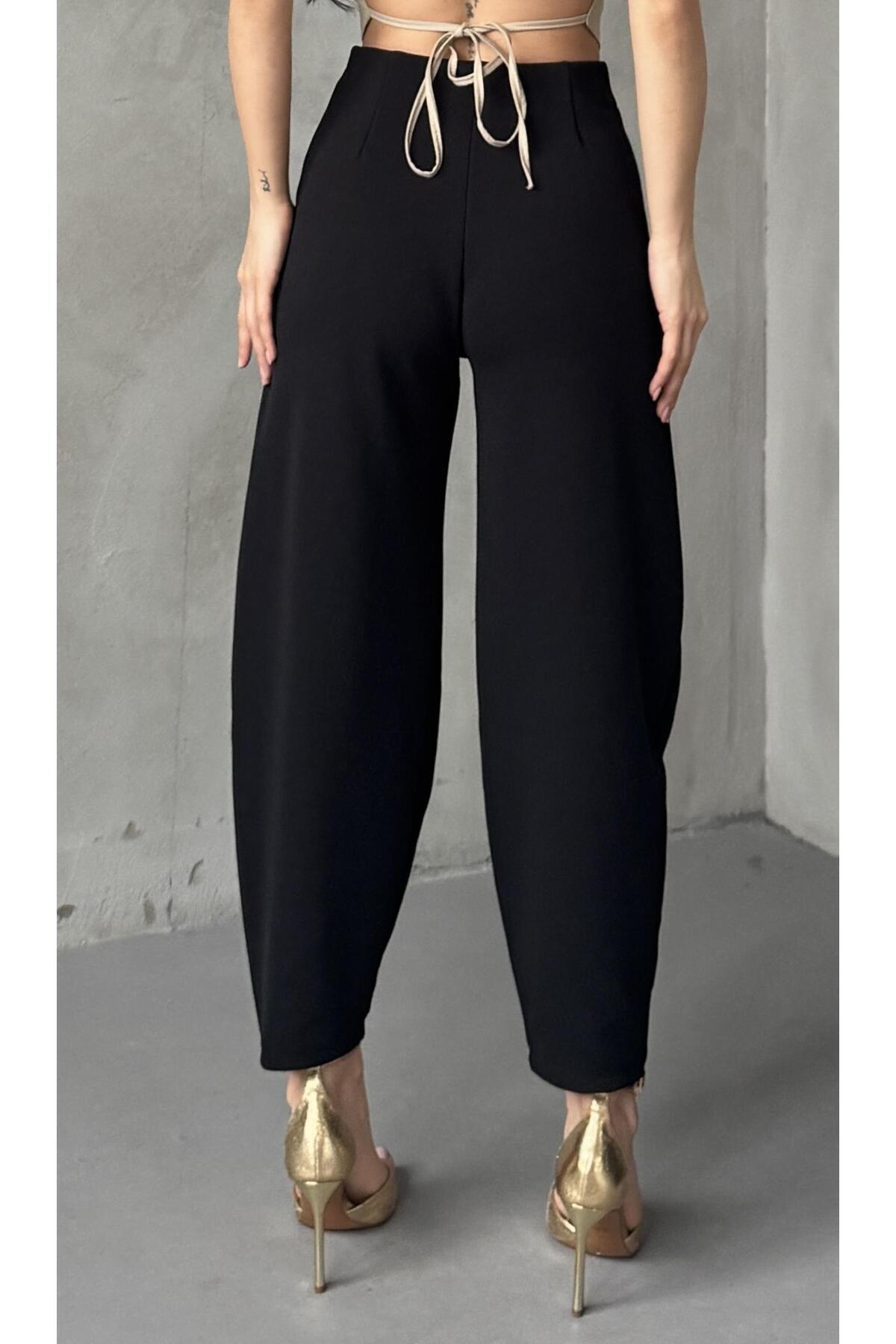 Paw Garage  Kadın Bernis Siyah Balon Pantolon, Beli Lastikli Şalvar Model Krep Balon Pantolon Basen Gizleyen - Görsel 7