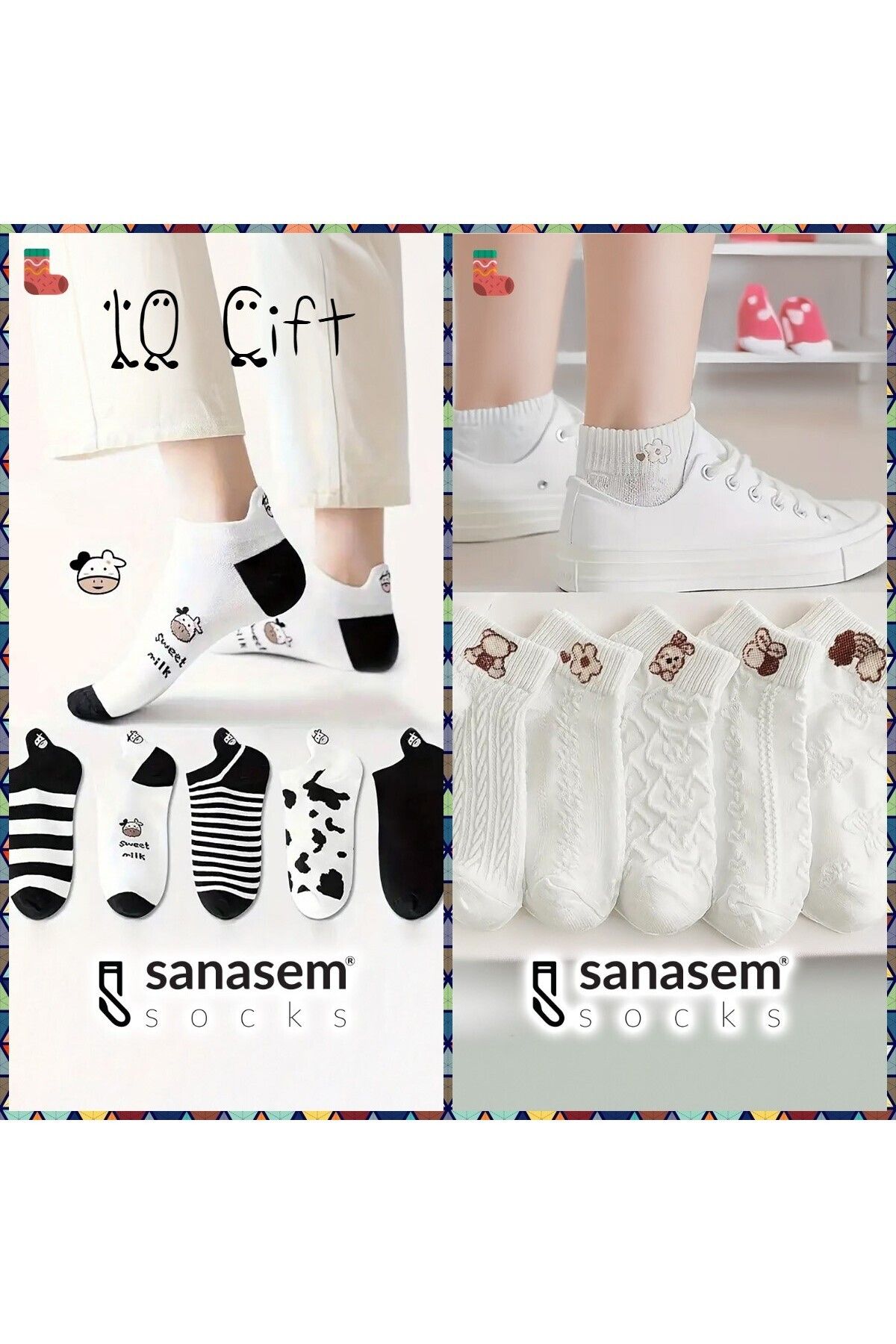 SANASEM 2'li Set - 5 Çift Hayvan Desenli + 5 Çift Karikatür Desenli Kadın Patik Çorap
