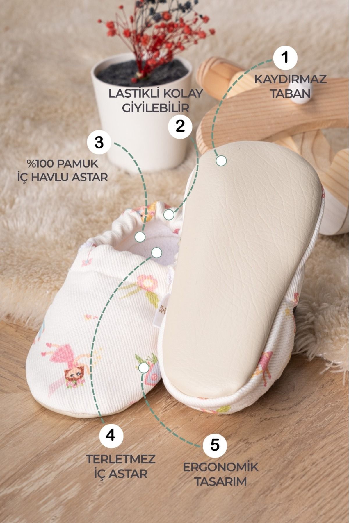 Buude Kids Kaydırmaz Tabanlı, Pamuk Havlu Astarlı Bebek Patiği