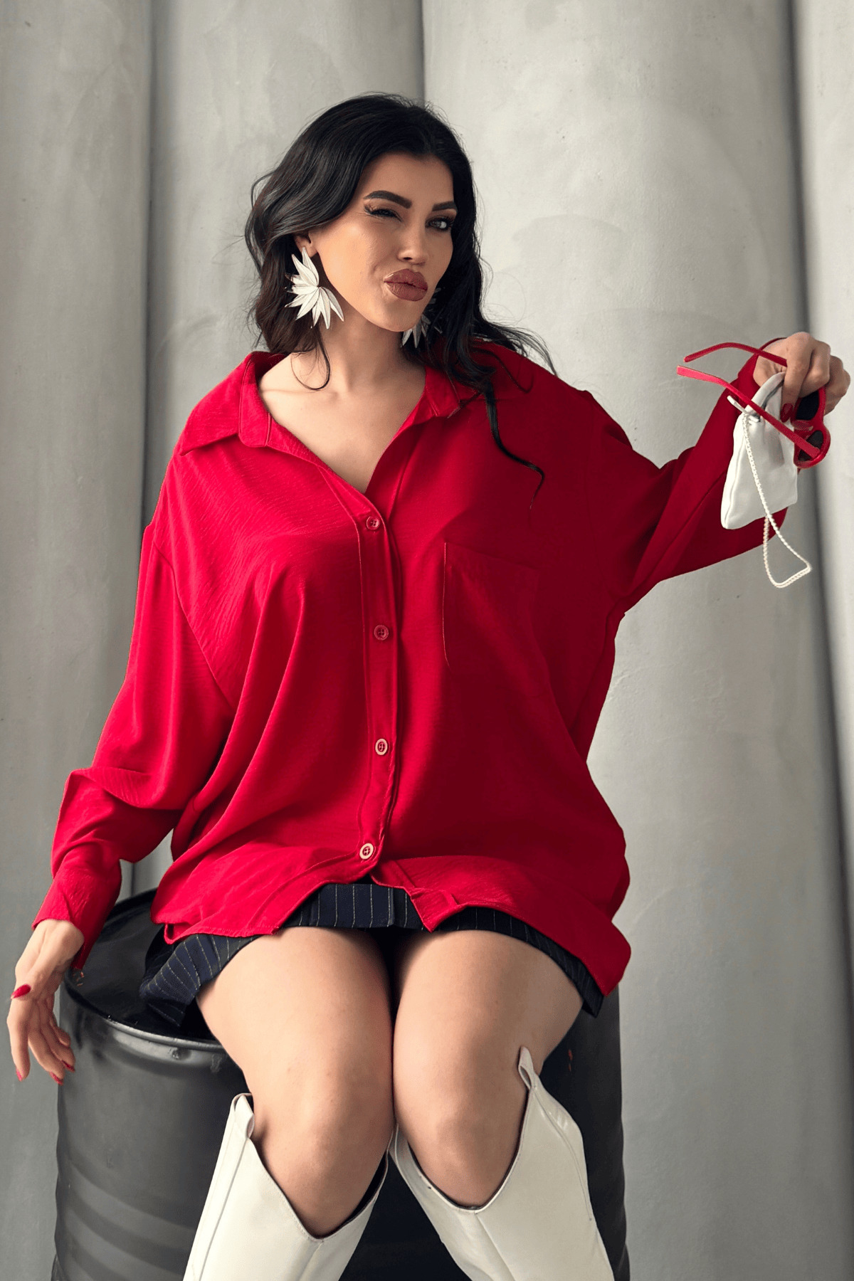 Paw Garage  Kadın Perla Kırmızı Tek Cepli Oversize Gömlek, Geniş Kalıp Gömlek, Aerobin Gömlek - Görsel 7