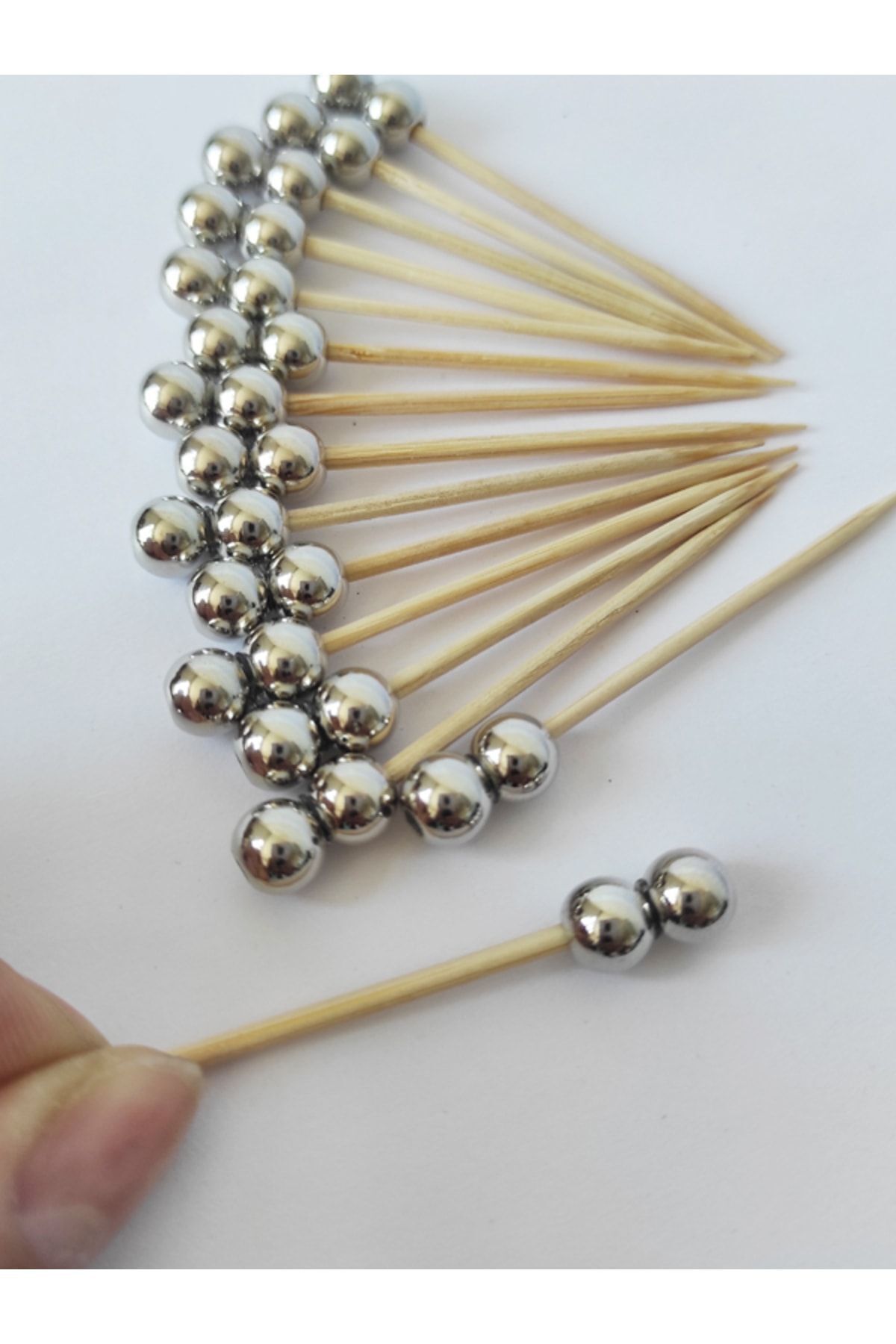 tm tasarı mağazası 49 Adet Dekoratif Gümüş Çift Incili Pasta Kürdan 6,5 Cm - Inci 8 Mm