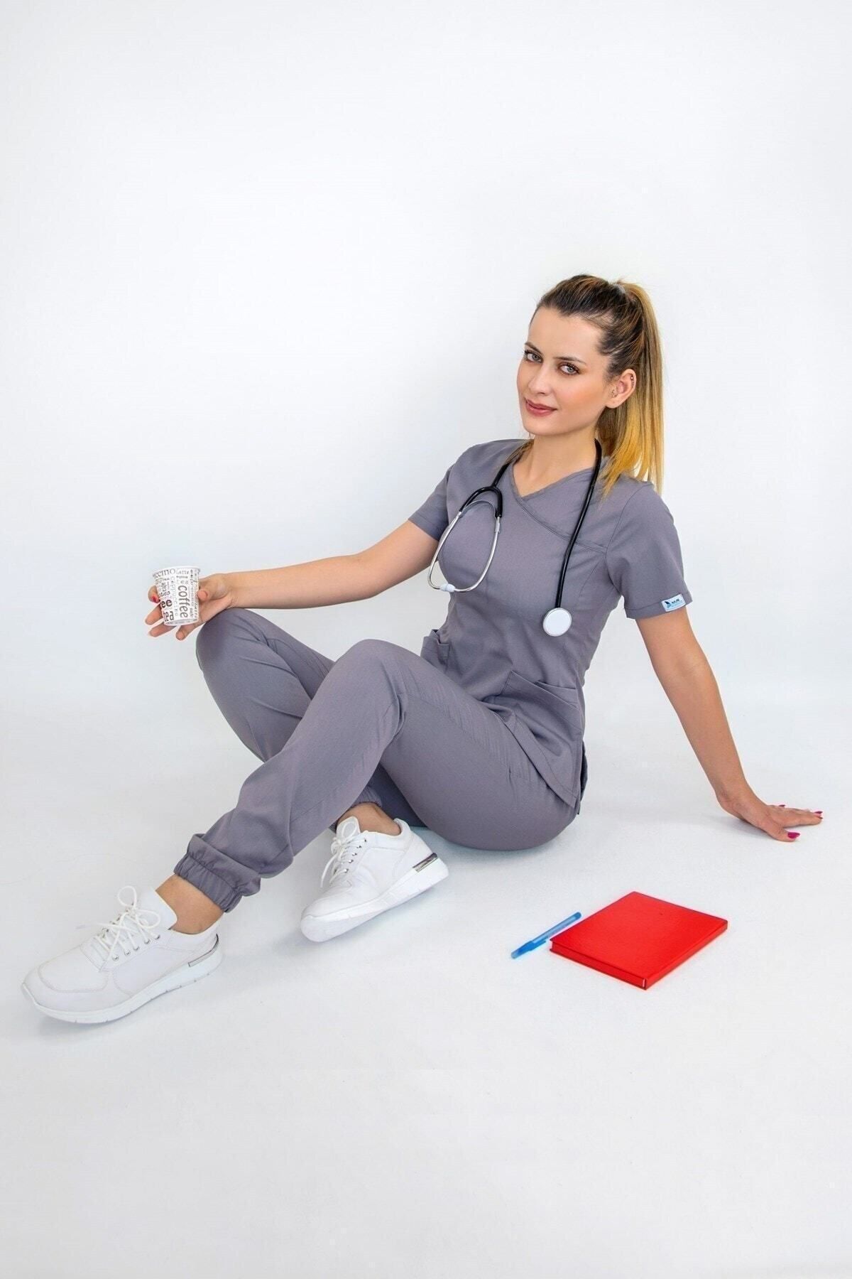Nur Medikal Giyim-Gray Elastic Leg Double Breasted Viscose Lycra Atlantis Surgical Atlantis Model Jogger Uniform Set 4