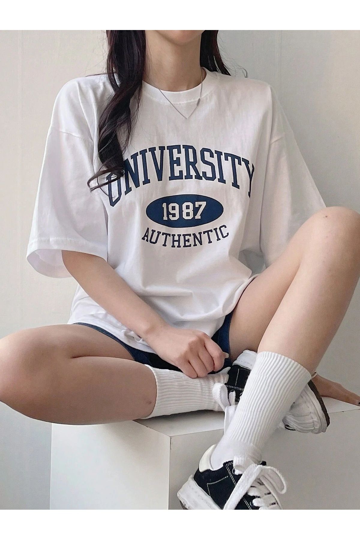 GENIUS STORE Kadın Tişört Baskılı Uzun T-shirt Pamuklu Oversize Tişört UNIVERSİTY-KADIN