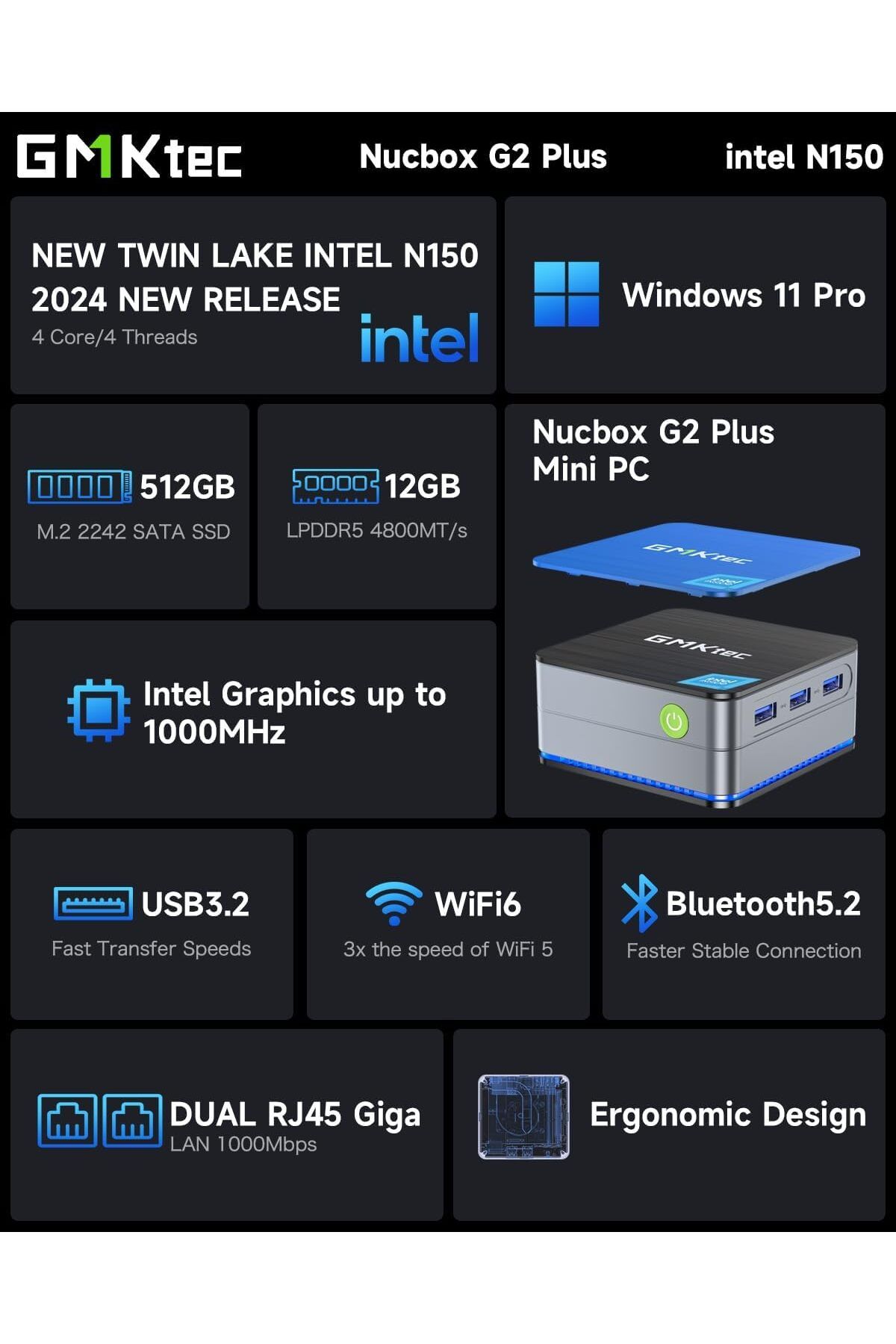 GMKtec-GMKtec NucBox G2 Plus Desktop Ultracompact Mini PC, Intel Twin Lake N150(4C/4T) up to 3.6GHz 4