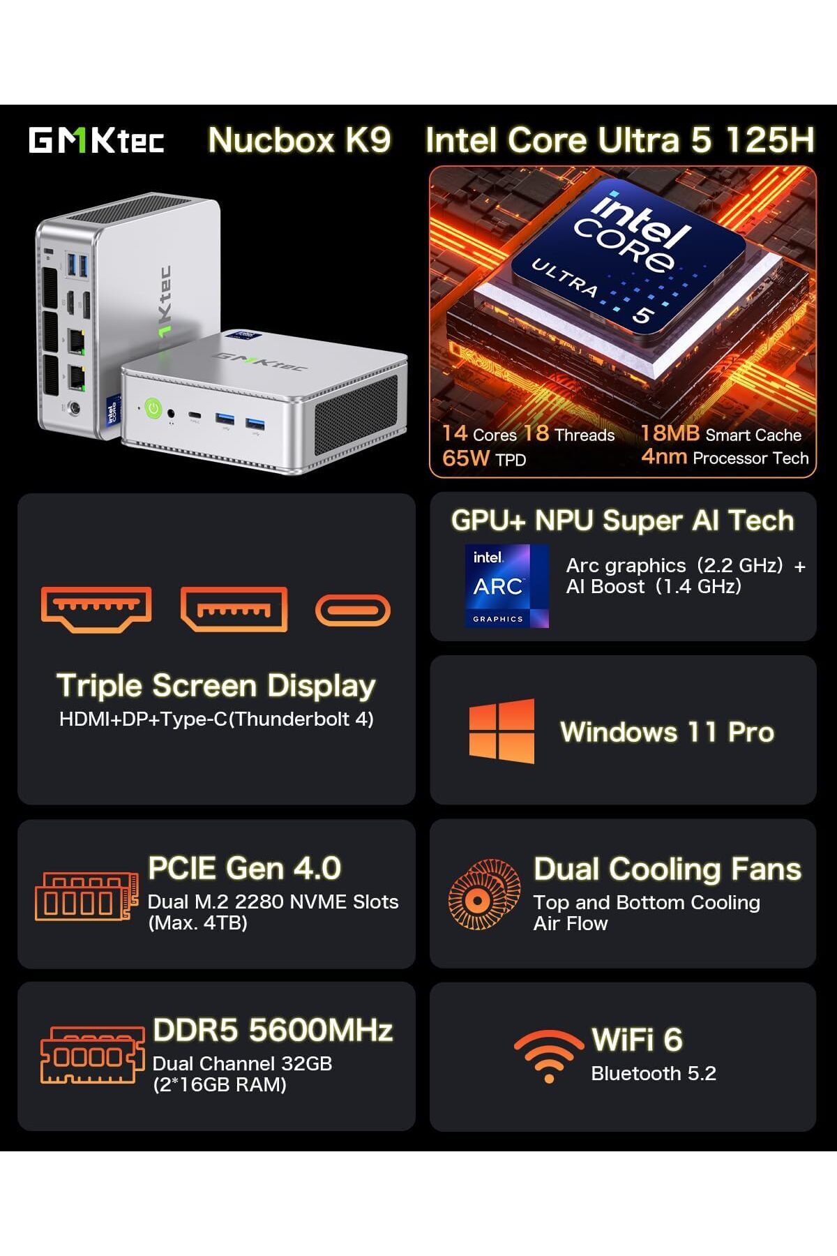 GMKtec-جهاز كمبيوتر مكتبي صغير الحجم للغاية من GMKtec Nucbox K9 بمعالج Intel Core Ultra 5 125H 6