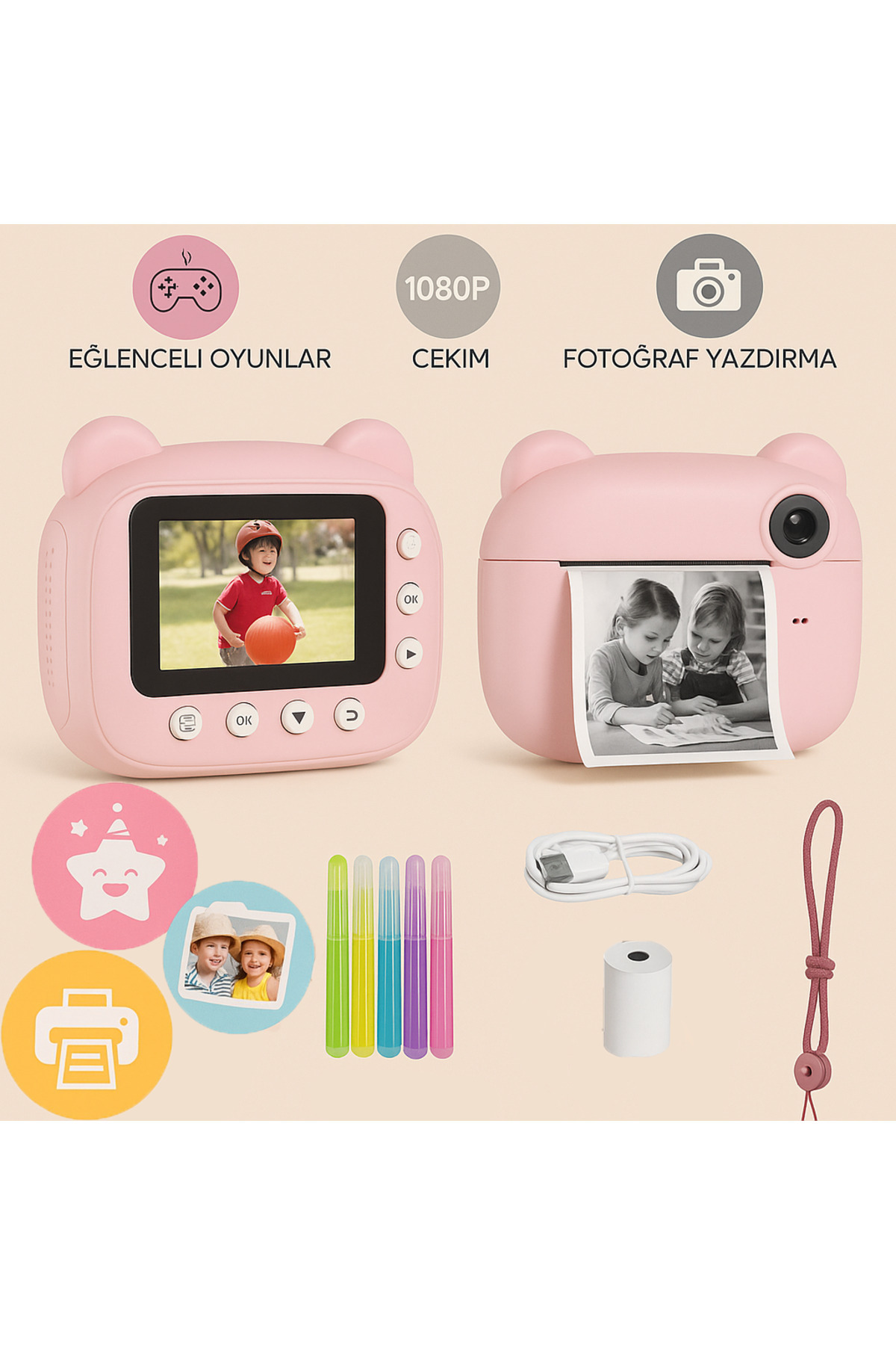 İMEXTECH Cmr14 Pembe Dijital Video Fotoğraf Çocuk Kamerası Anlık Termal Resim Kağıt Baskılı Yazıcı