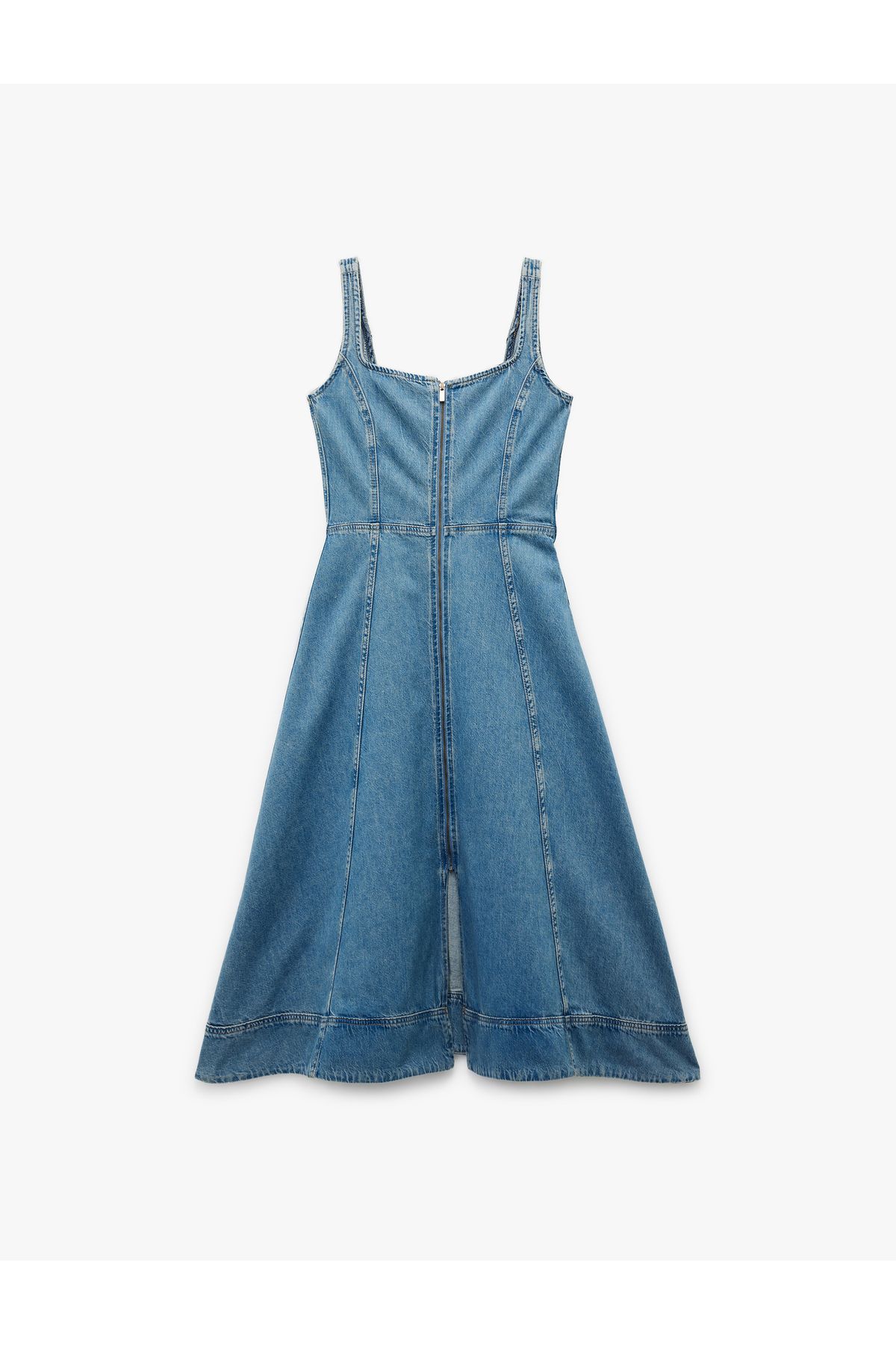Kare Yaka Kolsuz Fermuar Detaylı A Kesim Yırtmaçlı Midi Denim Elbise