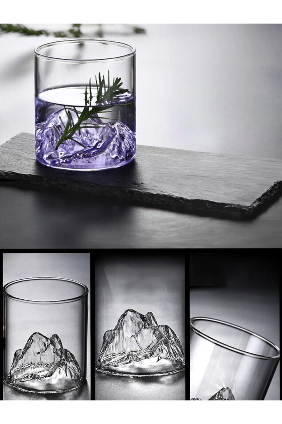 LUMİNA-Whiskey Cocktail Soft Drink Glass Ice Mountain 3D Borosilicate Glass 320 ml (1 Pcs) 3
