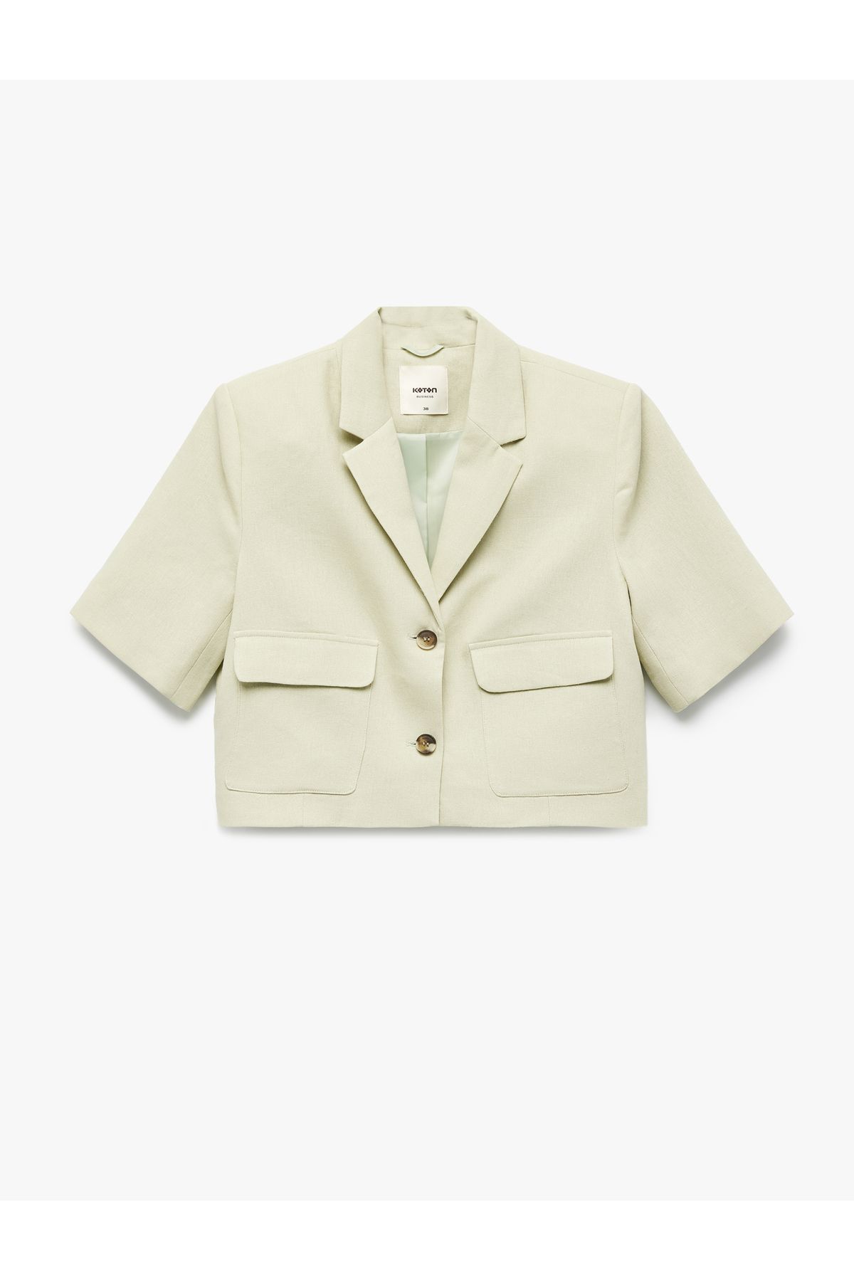 Koton-Buttoned Short Sleeve Lined Linen Crop Blazer Jacket with Pockets 3