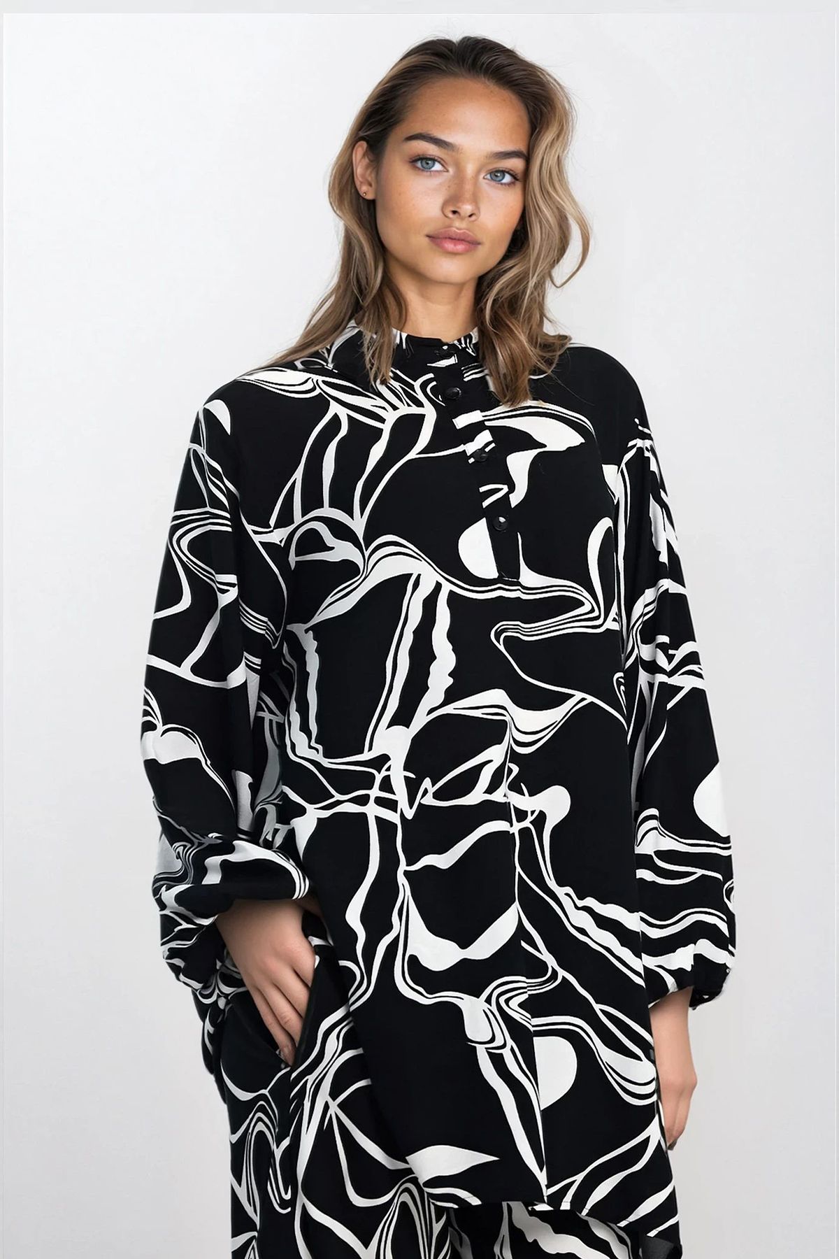 VAGGON-Shirt Collar Half Placket Tunic and Elastic Waist Pants Plus Size Bottom Top Set 2