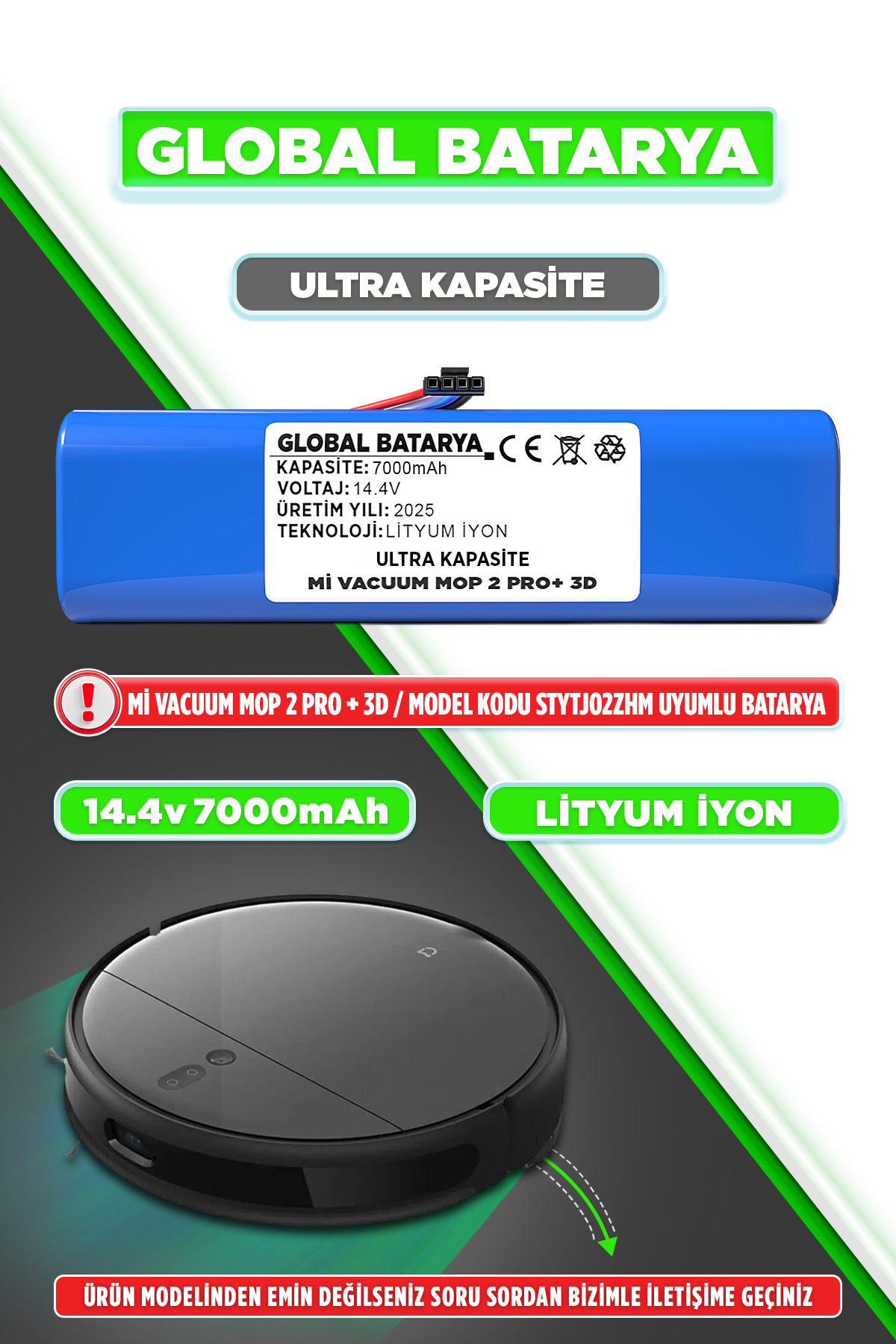 GLOBAL BATARYA Xiaomi Mi Vacuum Mop 2 Pro Plus 3d Akıllı Robot Süpürge Batarya 14.4v 7000mah Pil (ULTRA KAPASİTE)