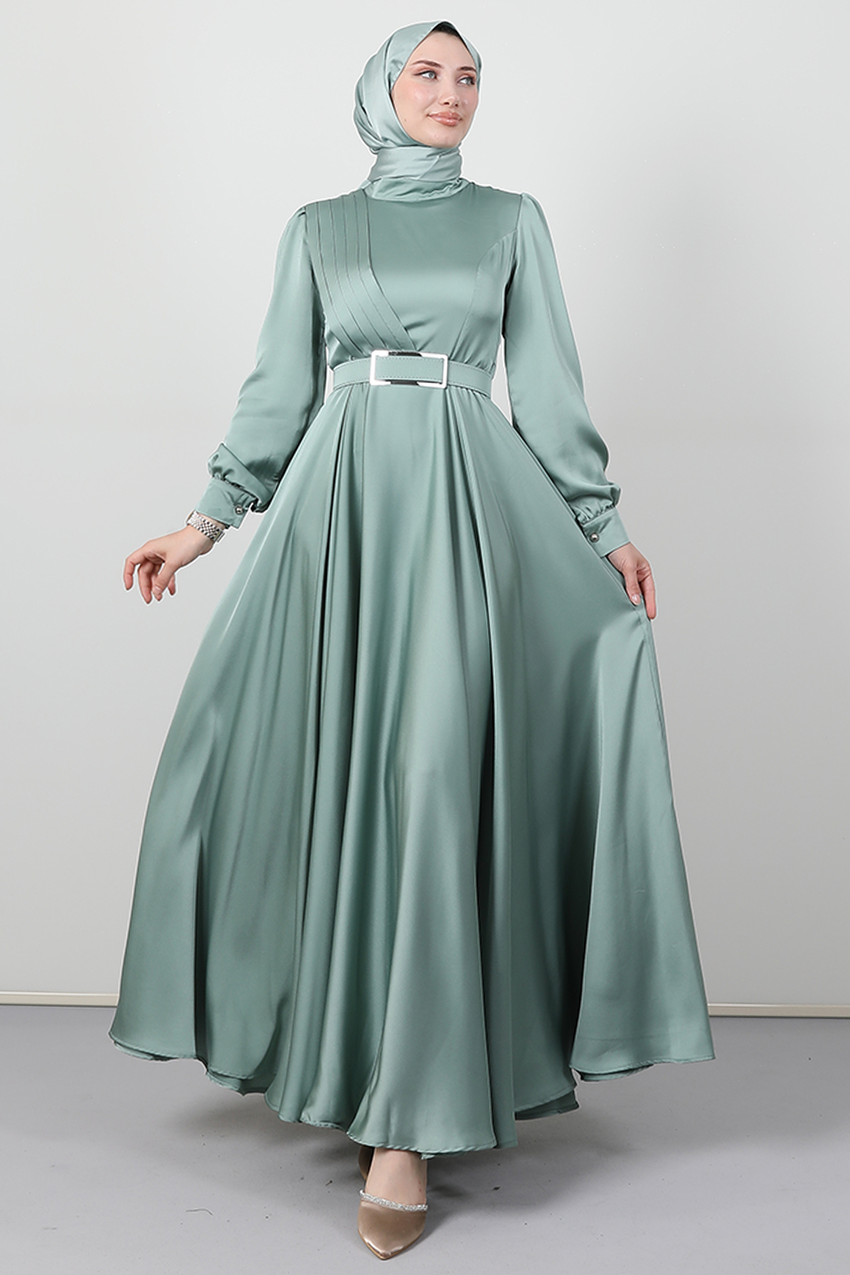 Pleated Front Modest Evening Dress Water Green