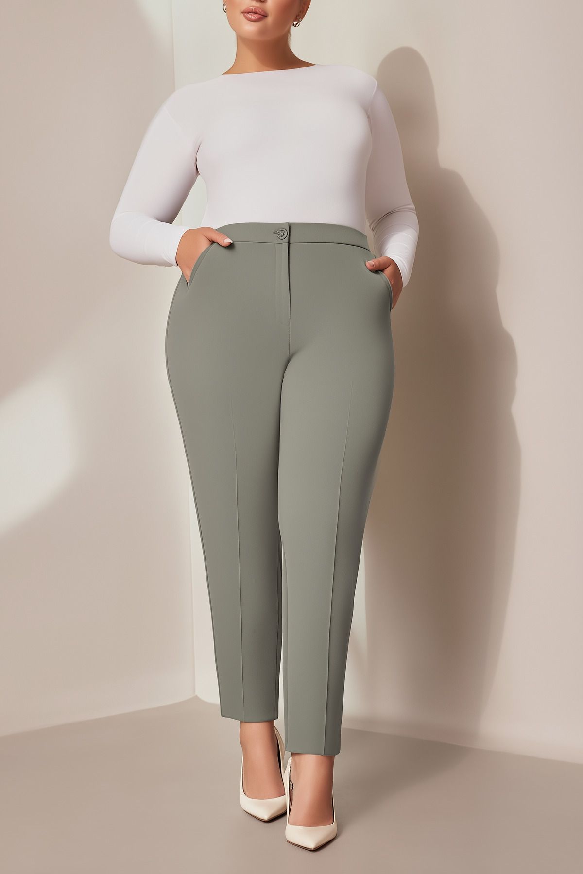 Hanezza-Plus Size Khaki High Waist Lycra Ankle Length Fabric Pants with Pockets 1