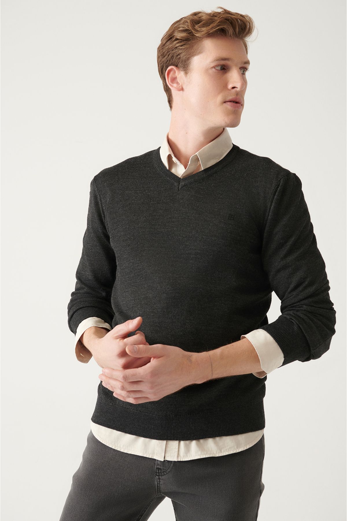 Avva-Men's Anthracite V-Neck Wool Blended Knitwear Sweater E 005016 3