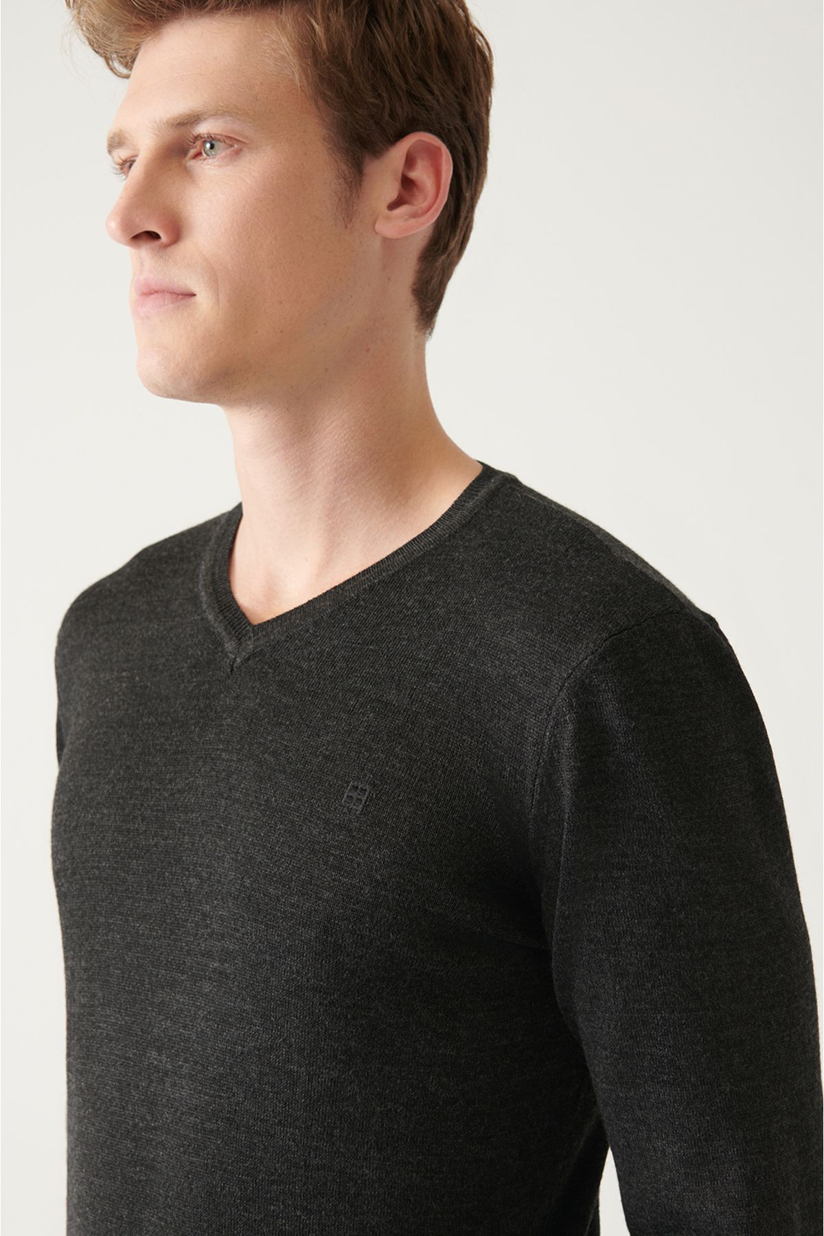 Avva-Men's Anthracite V-Neck Wool Blended Knitwear Sweater E 005016 2
