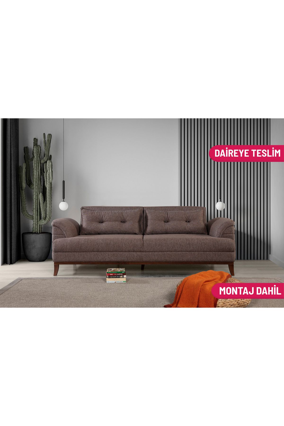 Elance Home Setera Üçlü Yataklı Kanepe Keten Kahve