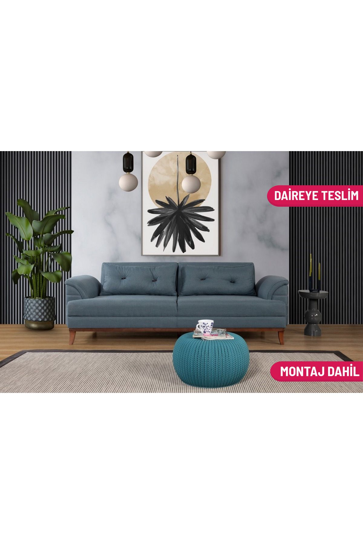 Elance Home Setera Üçlü Yataklı Kanepe Mavi Kazayağı
