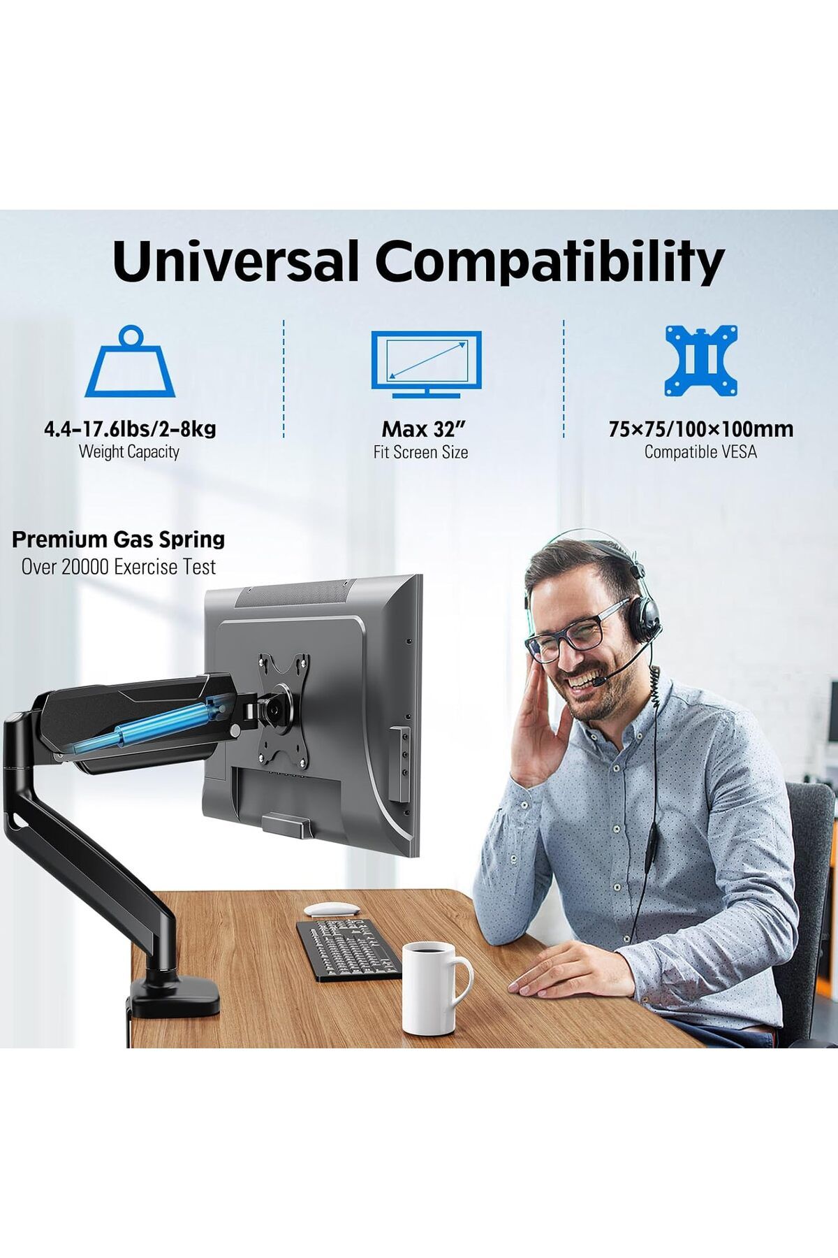 FlashHawk-Single Monitor Arm, Gas Spring Adjustable Ergonomic Computer Monitor Arm 2