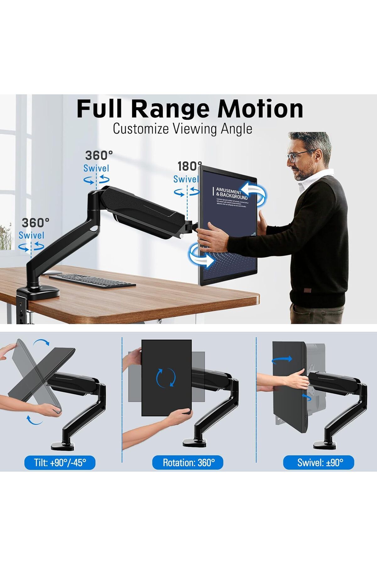 FlashHawk-Single Monitor Arm, Gas Spring Adjustable Ergonomic Computer Monitor Arm 5