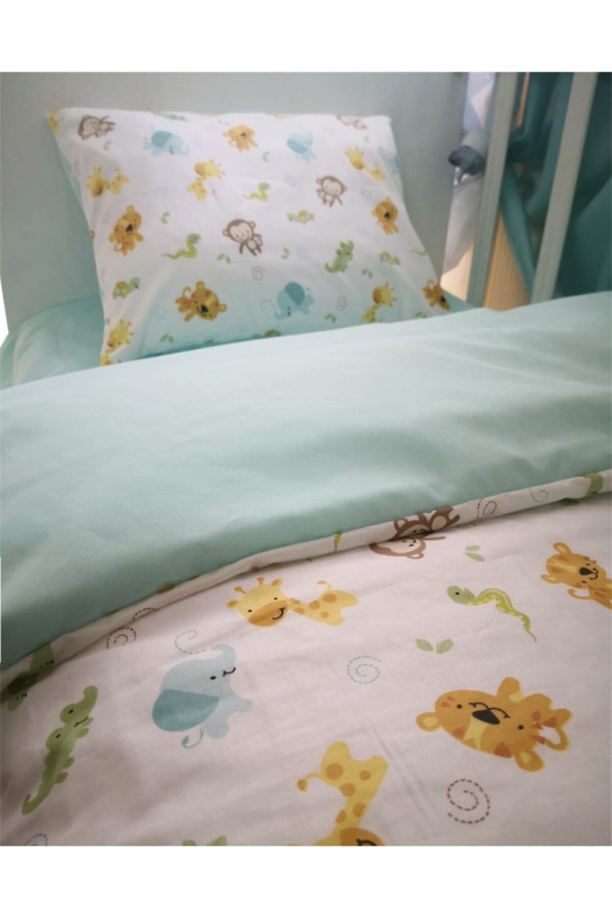 Bebek Özel Pamuklu Çocuk 90x190 Montessori Için Yastık Çarşaf Yorgan Uyku Seti Sevimli Hayvan Mint Yeşili fotoğrafı 4 (önizleme)