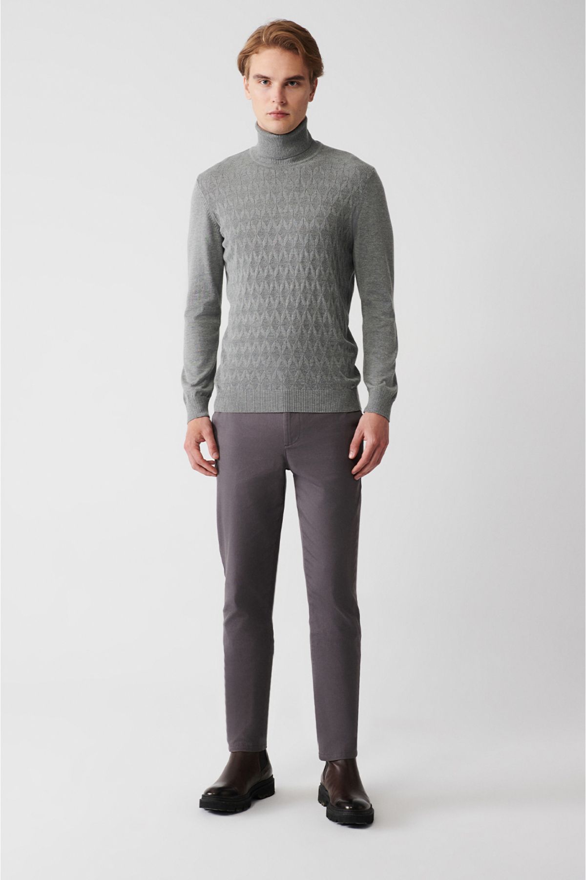 Avva-Grauer Herren-Strickpullover mit Rollkragenpullover aus Baumwolle mit Muster A32y5198 7