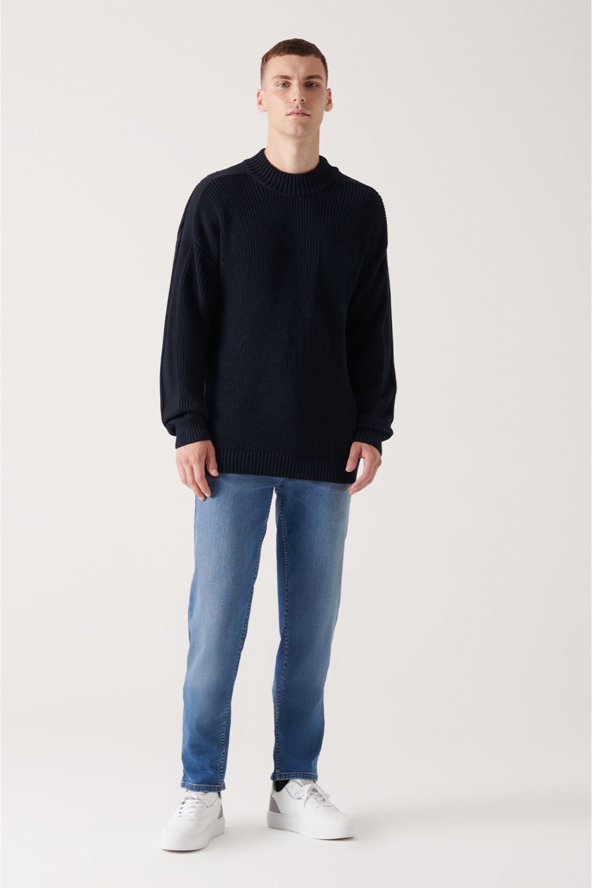 Avva-Ανδρικό πουλόβερ με λαιμόκοψη Navy Blue Crew, βαμβακερό, φαρδύ πλεκτό A22y5007 5