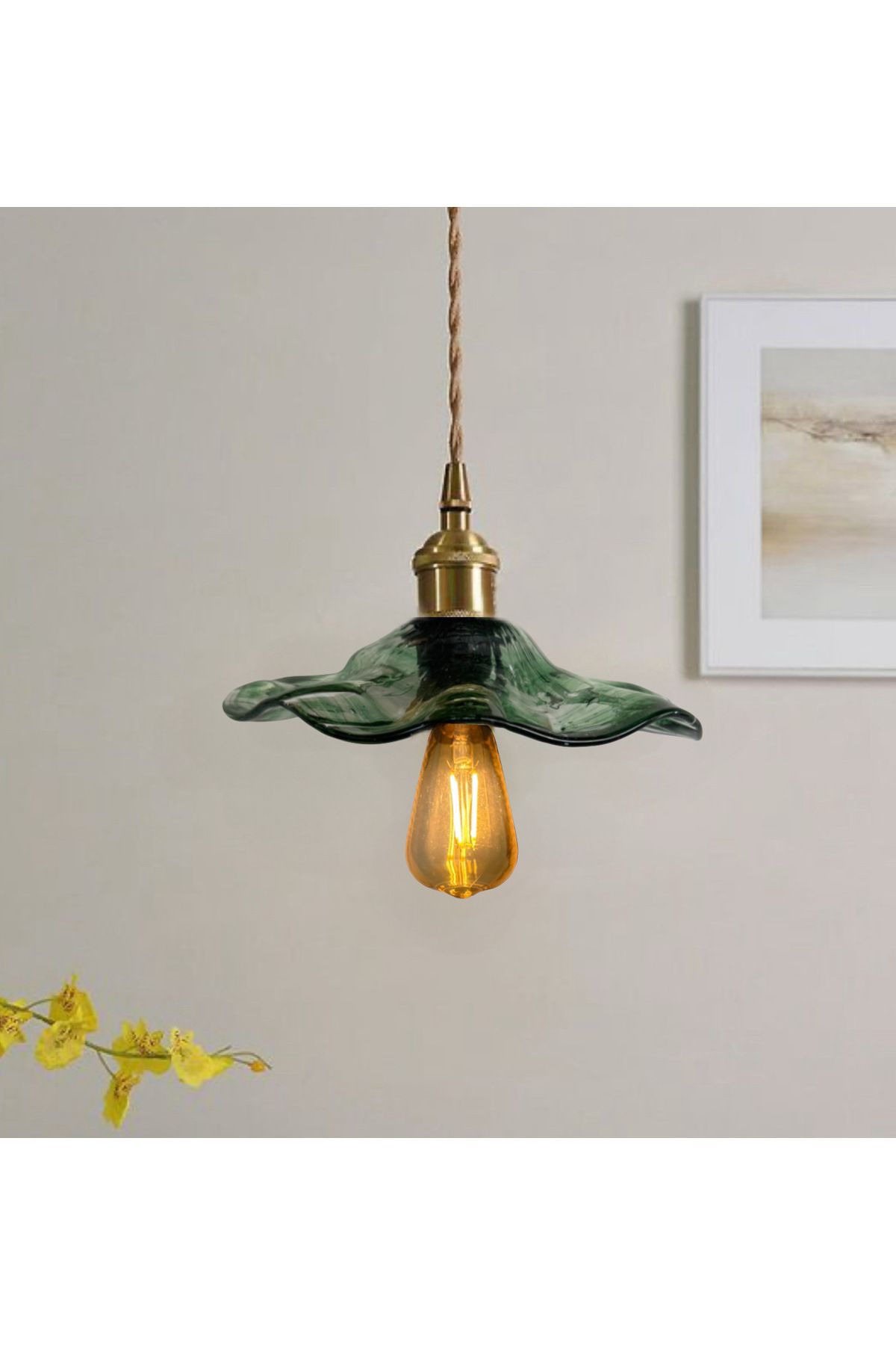 burenze Modern Tasarım Vintage Boheme Estetik El Yapımı Yeşil Camlı Sarkıt Avize Eskitme Gold Kahve Örgü